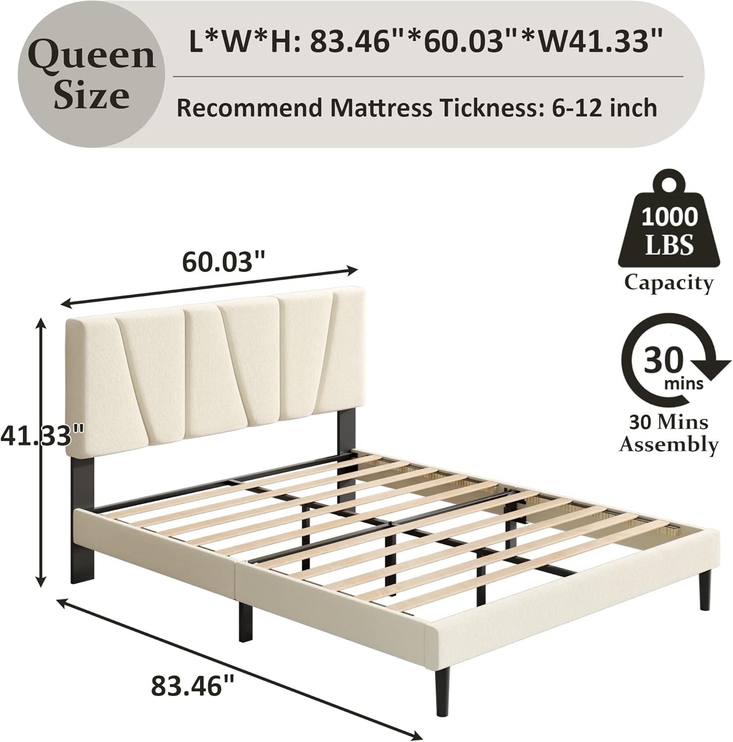 Queen Size Bed Frame with Fabric Upholstered Headboard, Platform Bed with Wooden Slats Support, Fully Mattress Foundation, Box Spring Optional, Easy Assembly - Image 2