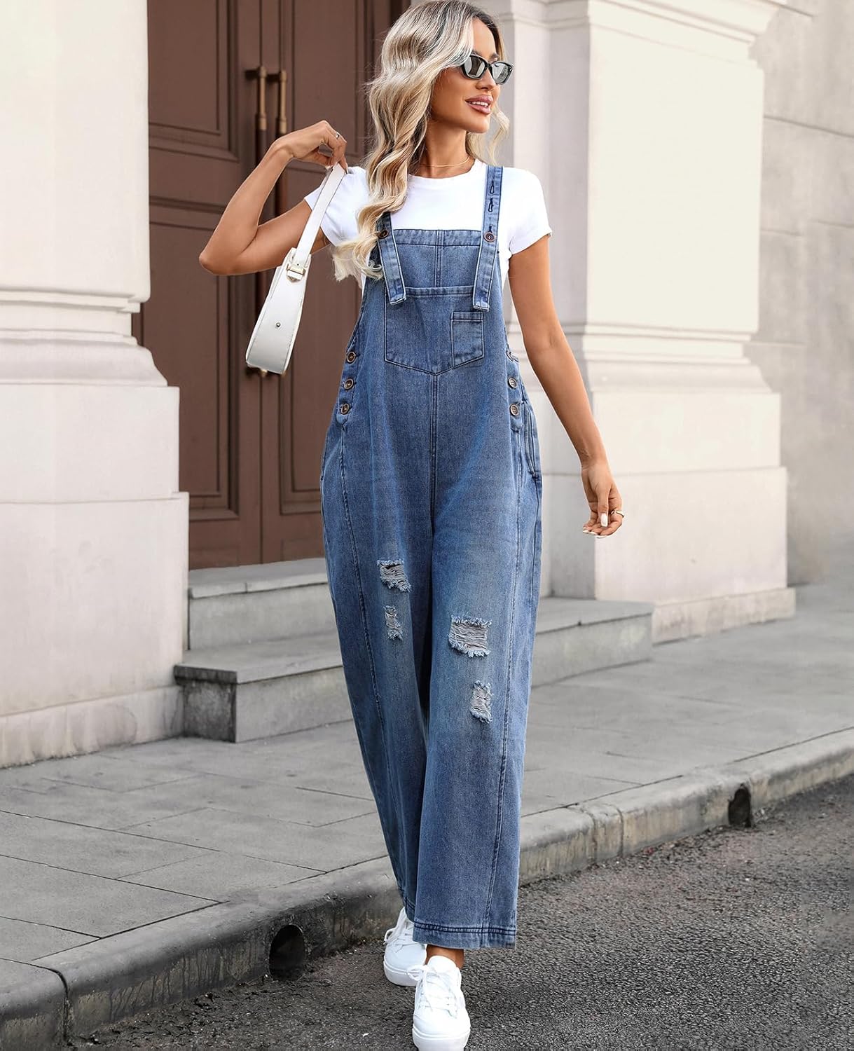 Women's Loose Adjustable Strap Denim Bib Overalls Jeans Distressed Ripped Wide Leg Baggy Overall Jumpsuit - Image 2