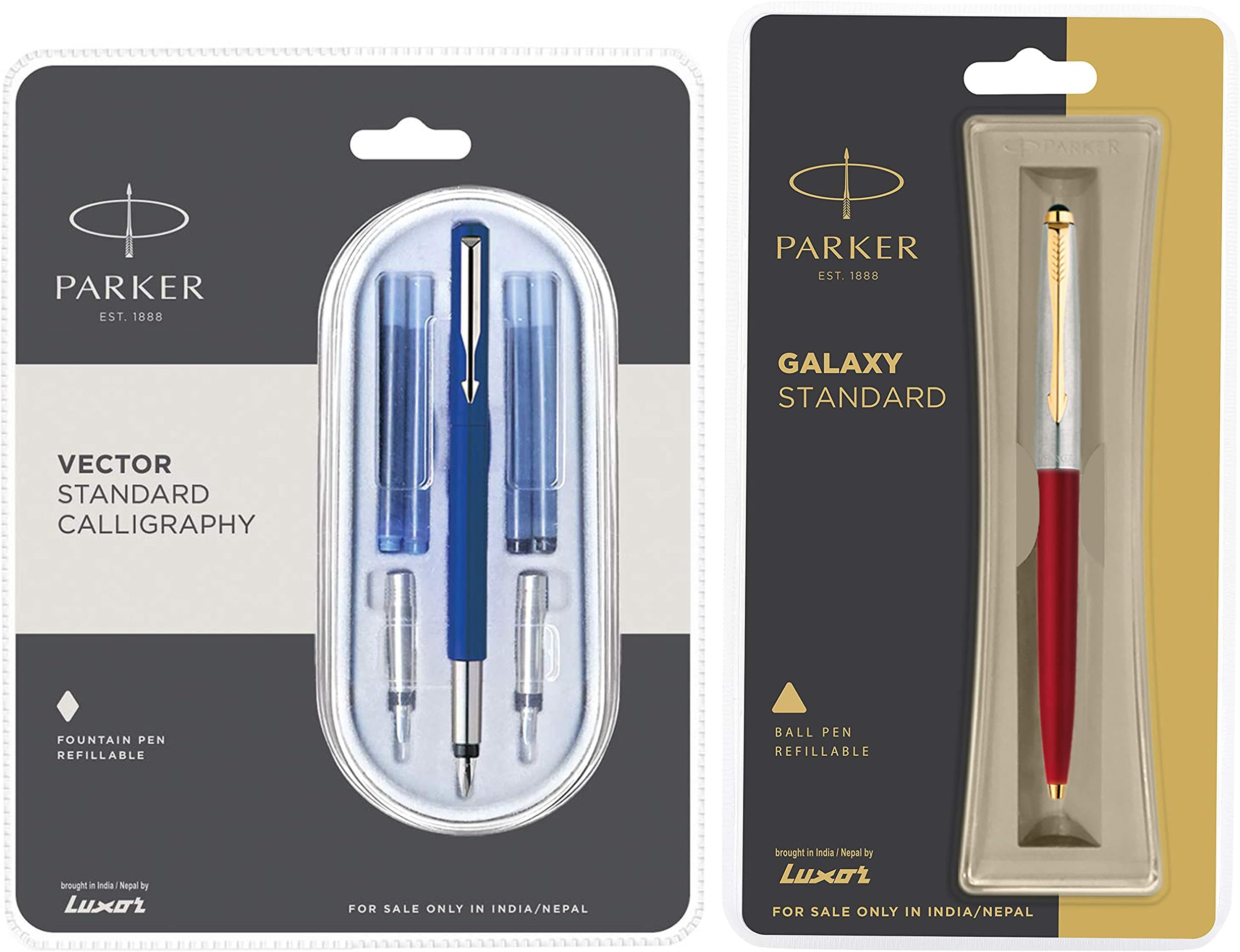 Parker Calligraphy CT Fountain Pen (Blue) Galaxy Gold Trim Ball Pen - Red Body