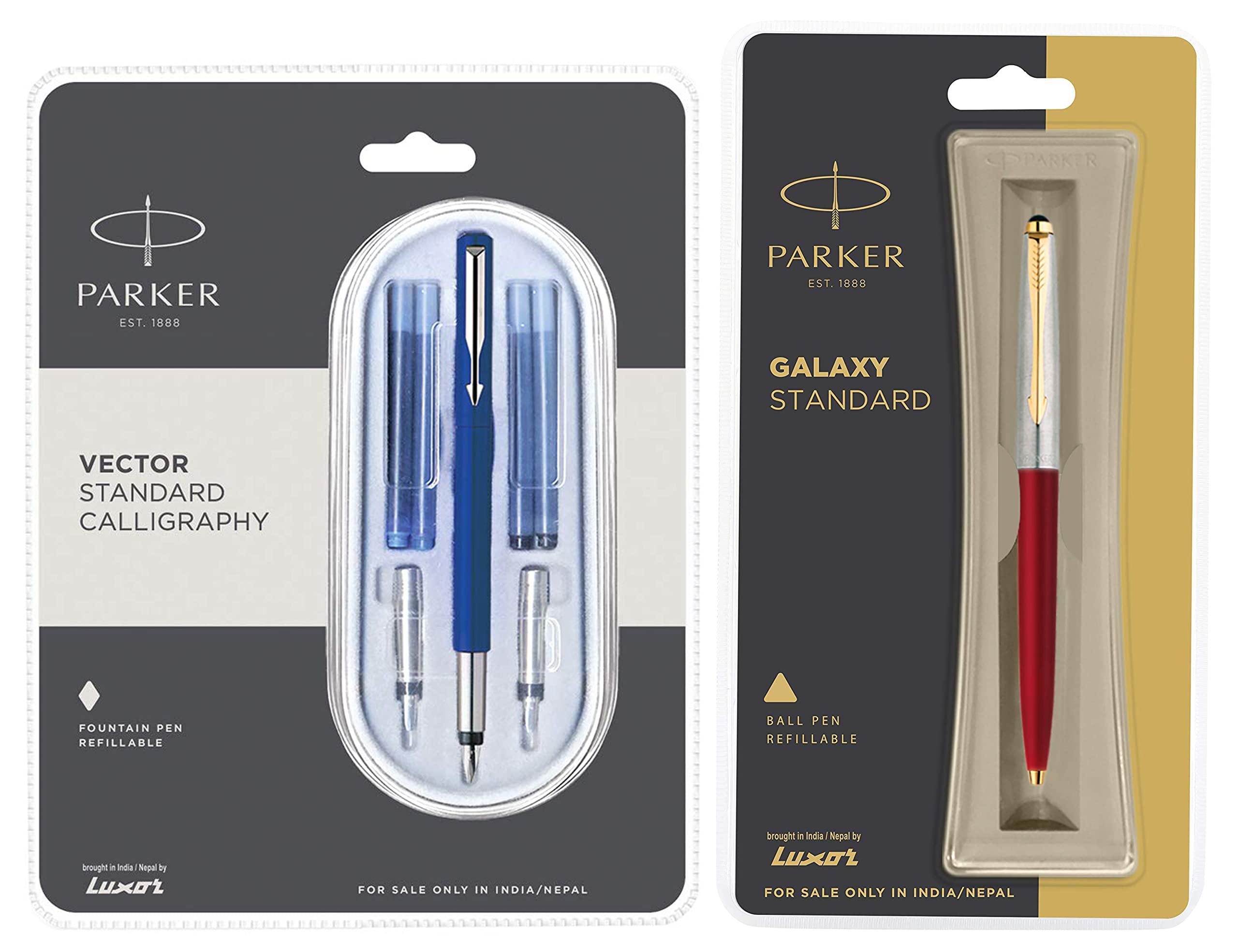 Parker Calligraphy CT Fountain Pen (Blue) Galaxy Gold Trim Ball Pen - Red Body