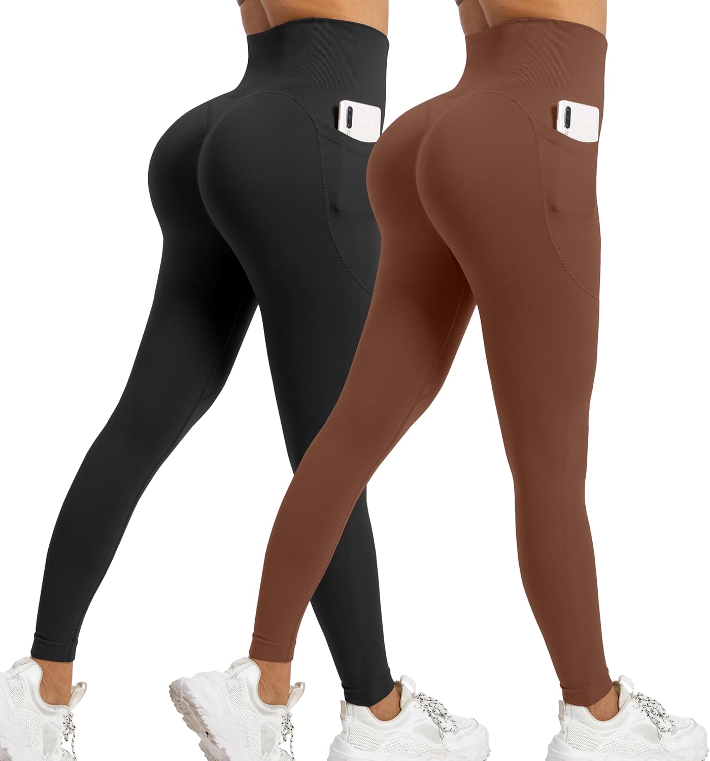 OVESPORT 2 Pack Women Scrunch Butt Lifting Workout Leggings with Pockets Seamless Booty High Waisted Gym Yoga Pants