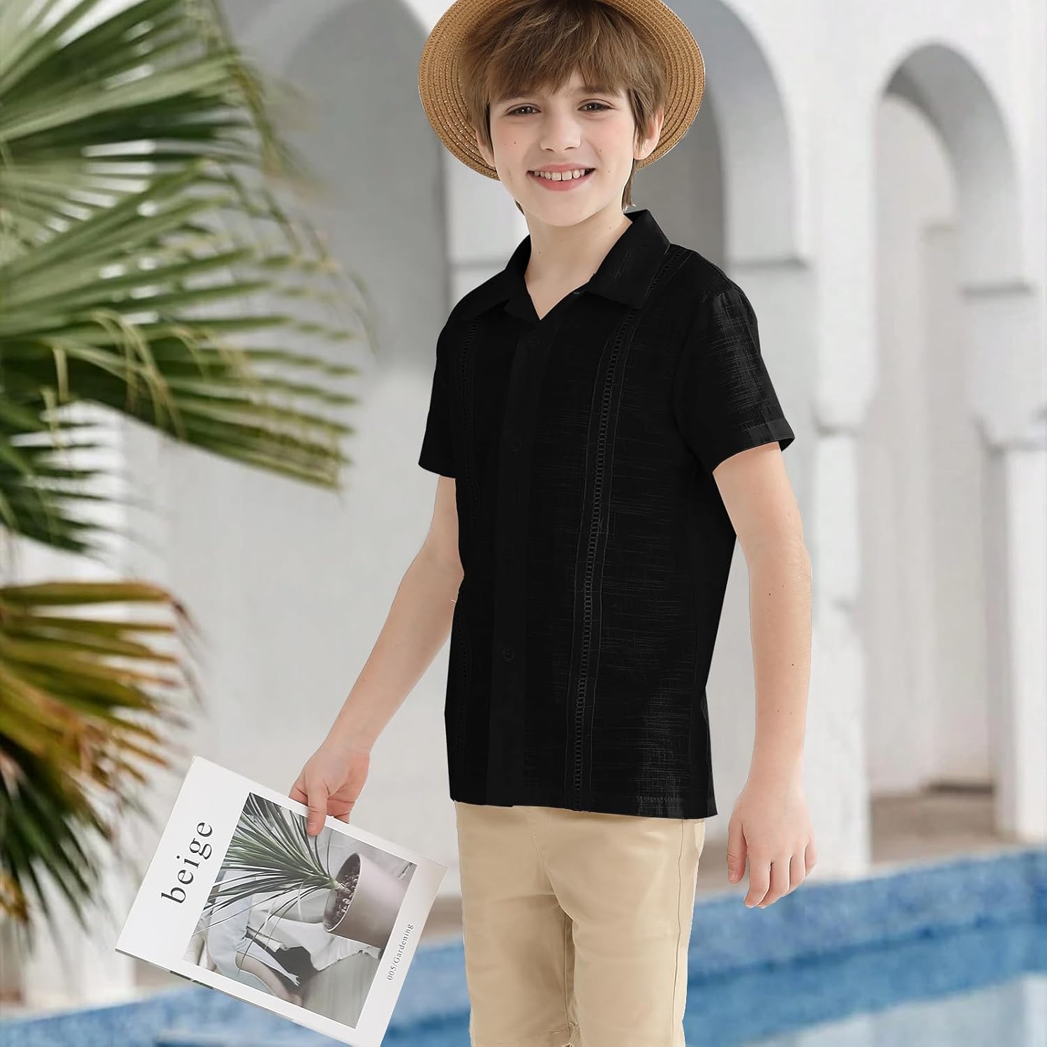 OEBLD Boys Cuban Guayabera Shirt Short Sleeve Button Down Shirts V Neck Cotton Linen Shirts - Image 3