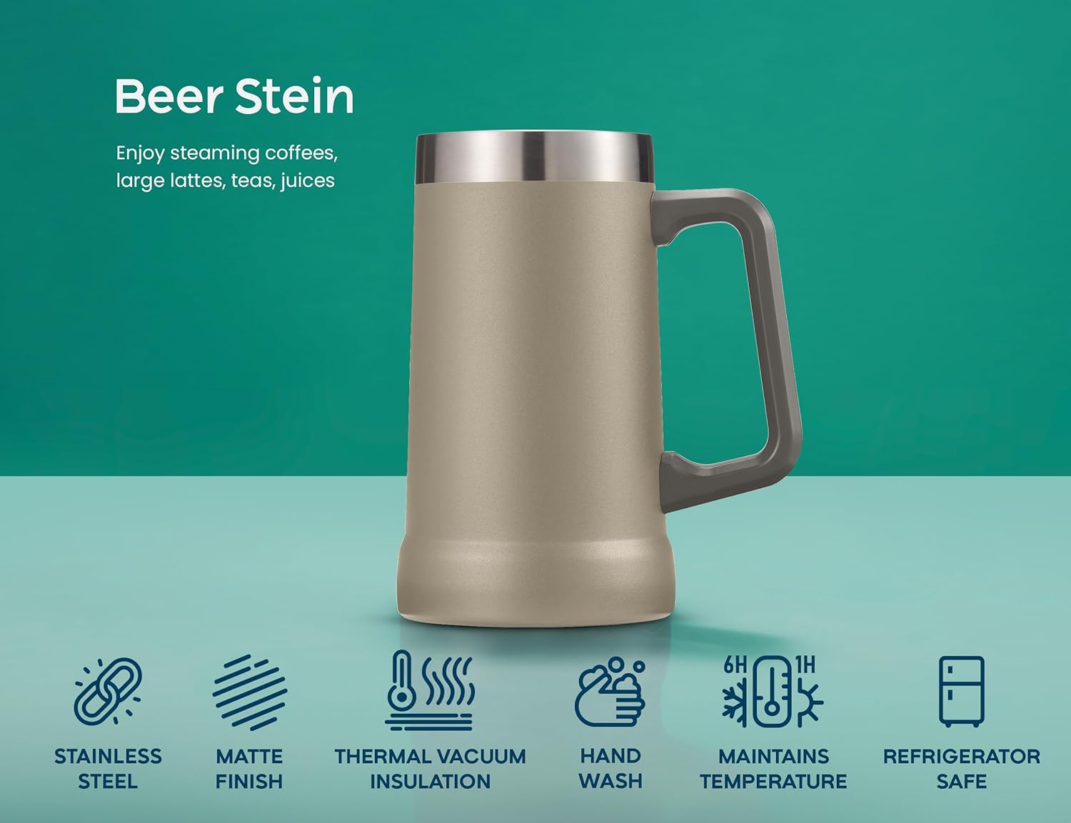 KooK Beer Stein, Stainless Steel Coffee Mug, Tumbler with Thermal Vacuum Insulation, Double Walled Drinking Cup, Large Handle, Shatterproof, Taupe, 23.7 oz - Image 7