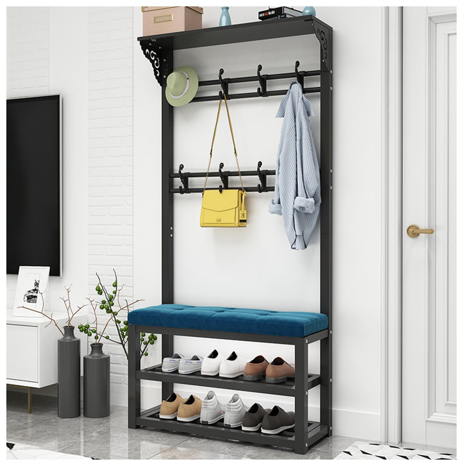 MSHGSKU Multifunctional Shoe Cabinet with Bench & Coat Rack 2 Tier Shoe Shelf for Entryway Hallway Living Room 80CM Stylish Storage Solution for Shoes & Coats