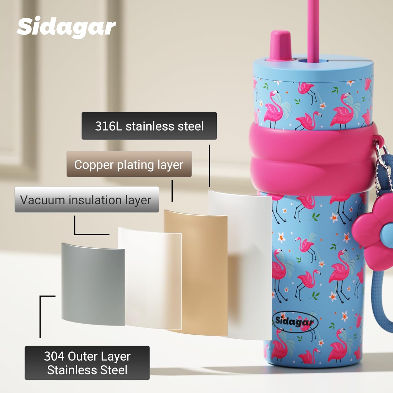 24 oz Stainless Steel Tumbler with Lid and Straw, Insulated Water Bottle Leak Proof for Hot and Cold, Portable Travel Coffee Mug, Reusable Coffee Cup for Women, Flamingo Pink - Image 7