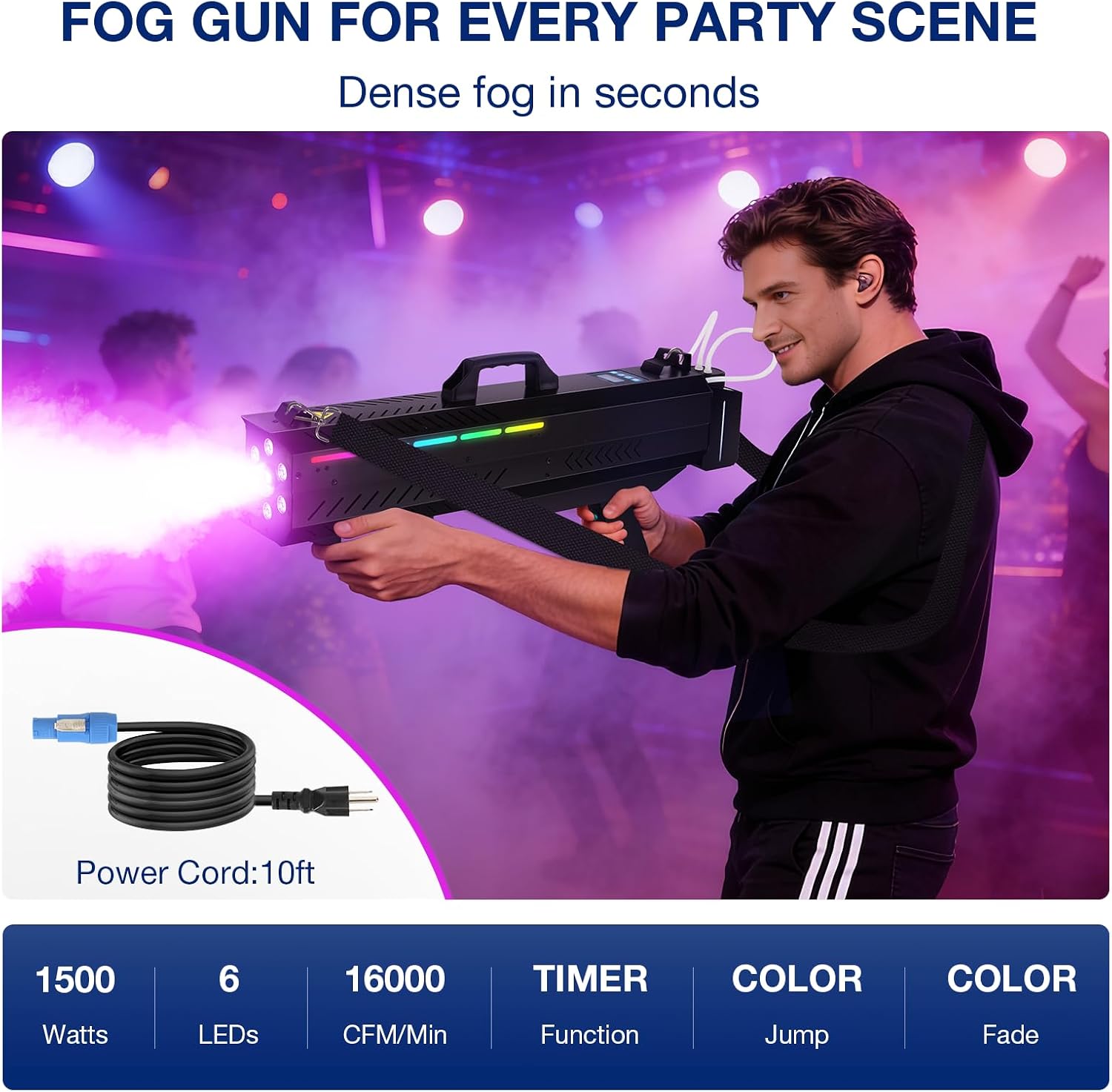 Handheld Fog Machine Gun for Party - 1500W Smoke Cannon with Color Changing Lights for DJ Events Concerts Parties Halloween Live Shows Stage Performances