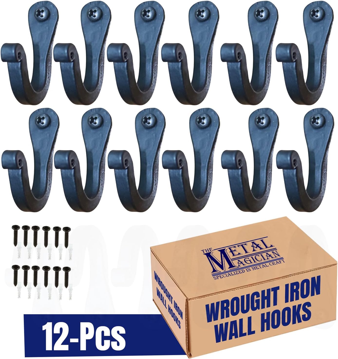 The Metal Magician Single Prong Wrought Iron Hooks, Vintage Hand Forged Iron Classic Hook Set – Rustic Curved Metal Fasteners – Decorative Colonial Wall Décor (Set of 12 Nail Hook 1")