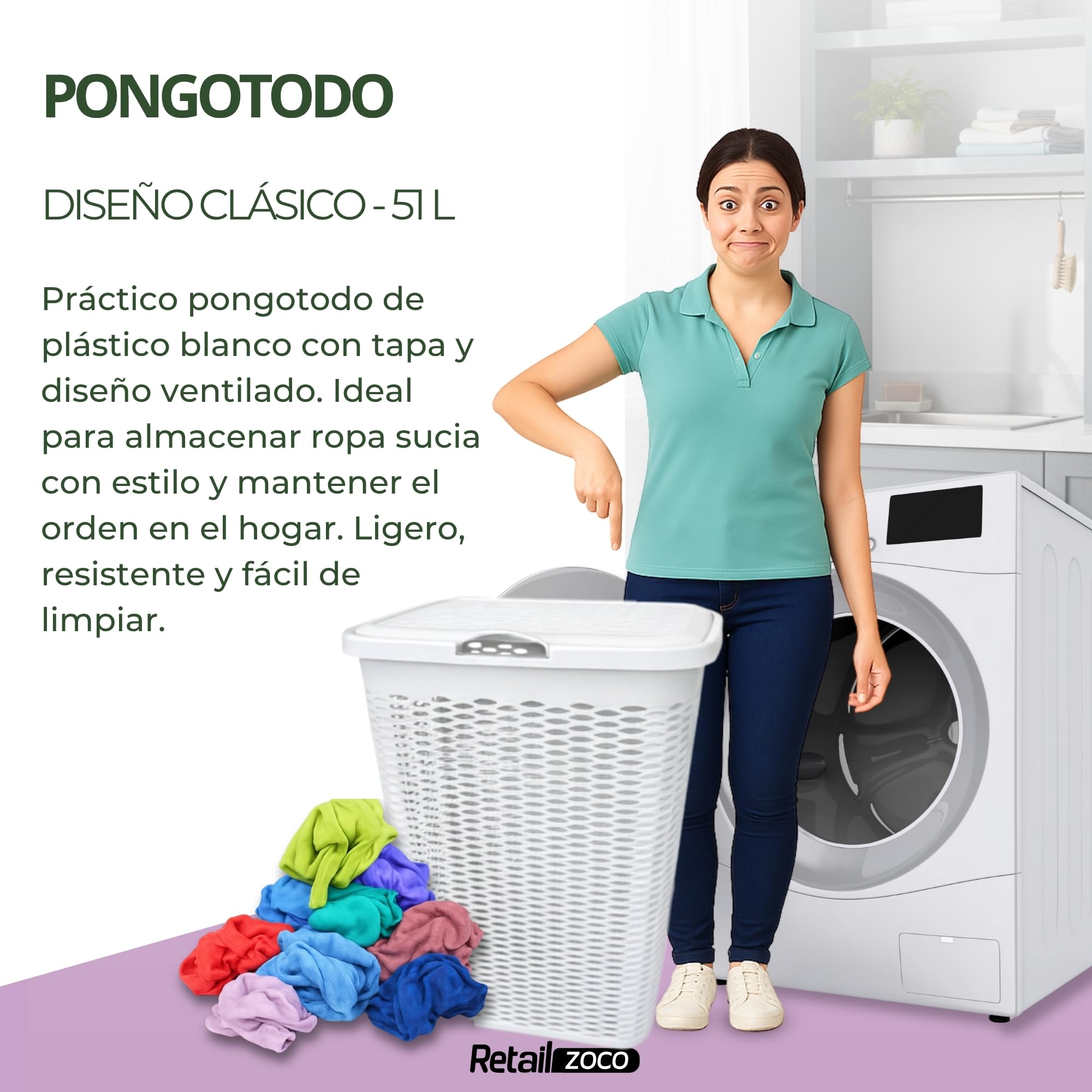 Baúl para la colada, Cesto para Ropa Sucia con Tapa y Asas, Cubo pongotodo para Colada, 100% material reciclado, 60 cm alto x 35.5 cm fondo x 43 cm ancho, Capacidad 51 Litros, Color Blanco