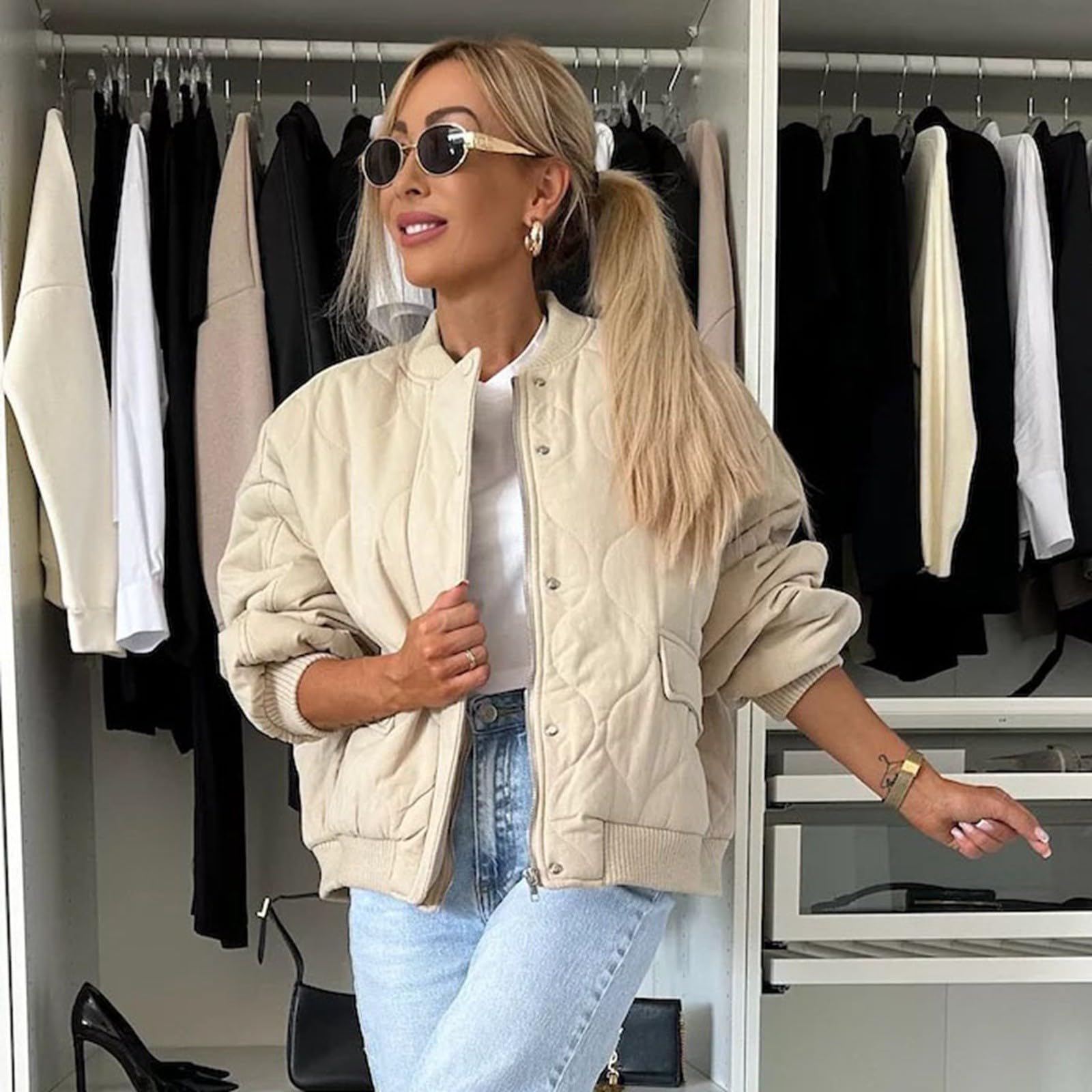 Sweatshirt Damen Ohne Kapuze Oversized Sweatjacke übergangsjacke Jacken Lässig Langarm Mantel Elegant Stehkragen Pufferjacken Winterjacke Warm Bomberjacke Knöpfen Winterparka Einfarbige
