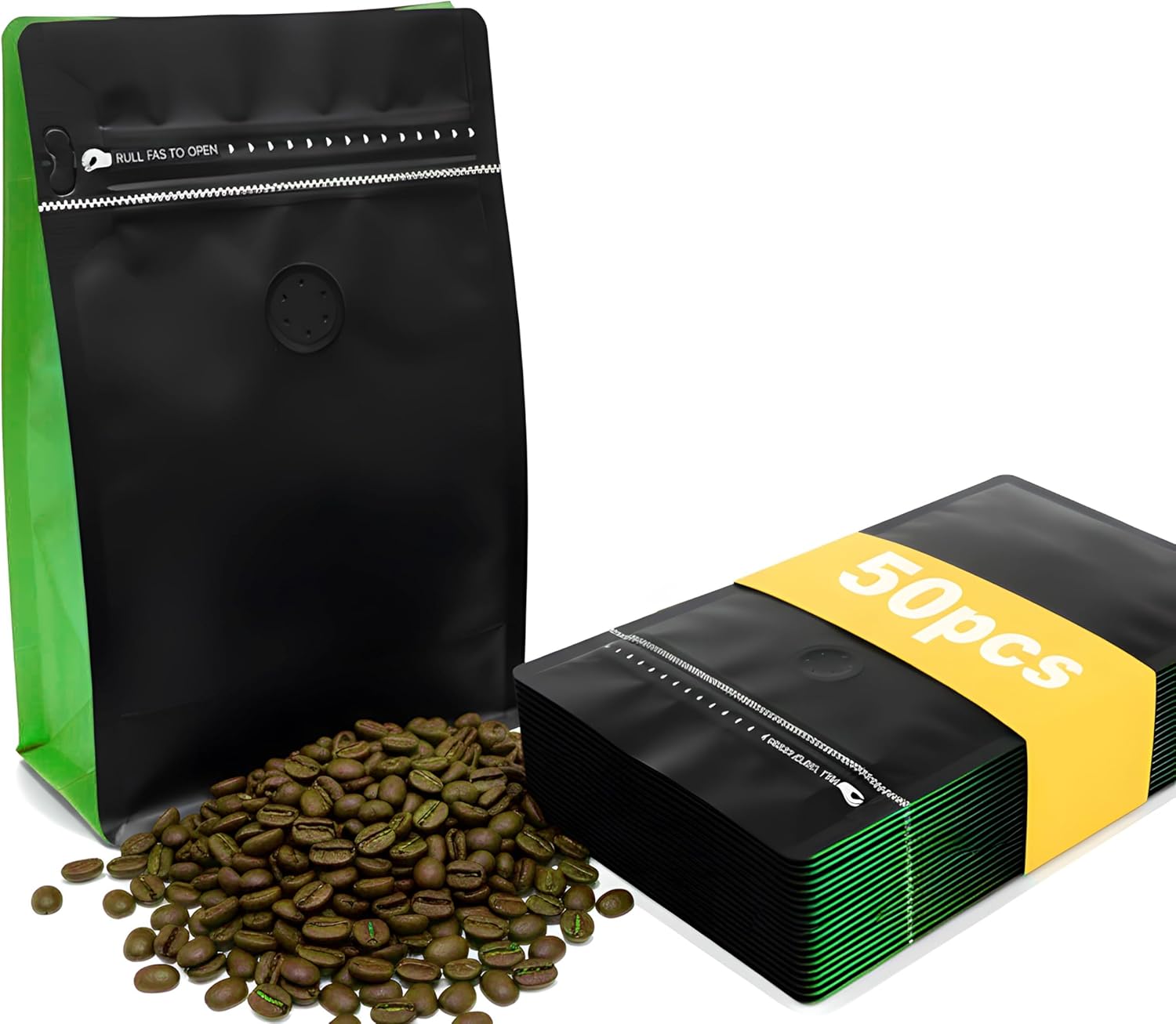 50 Pcs Coffee Bags With Valve Coffee Beans Bag with Heat Sealable Zipper Pouches and Valve Black Yellow Coffee Beans Home Storage Bags-16oz-1lb-500gram