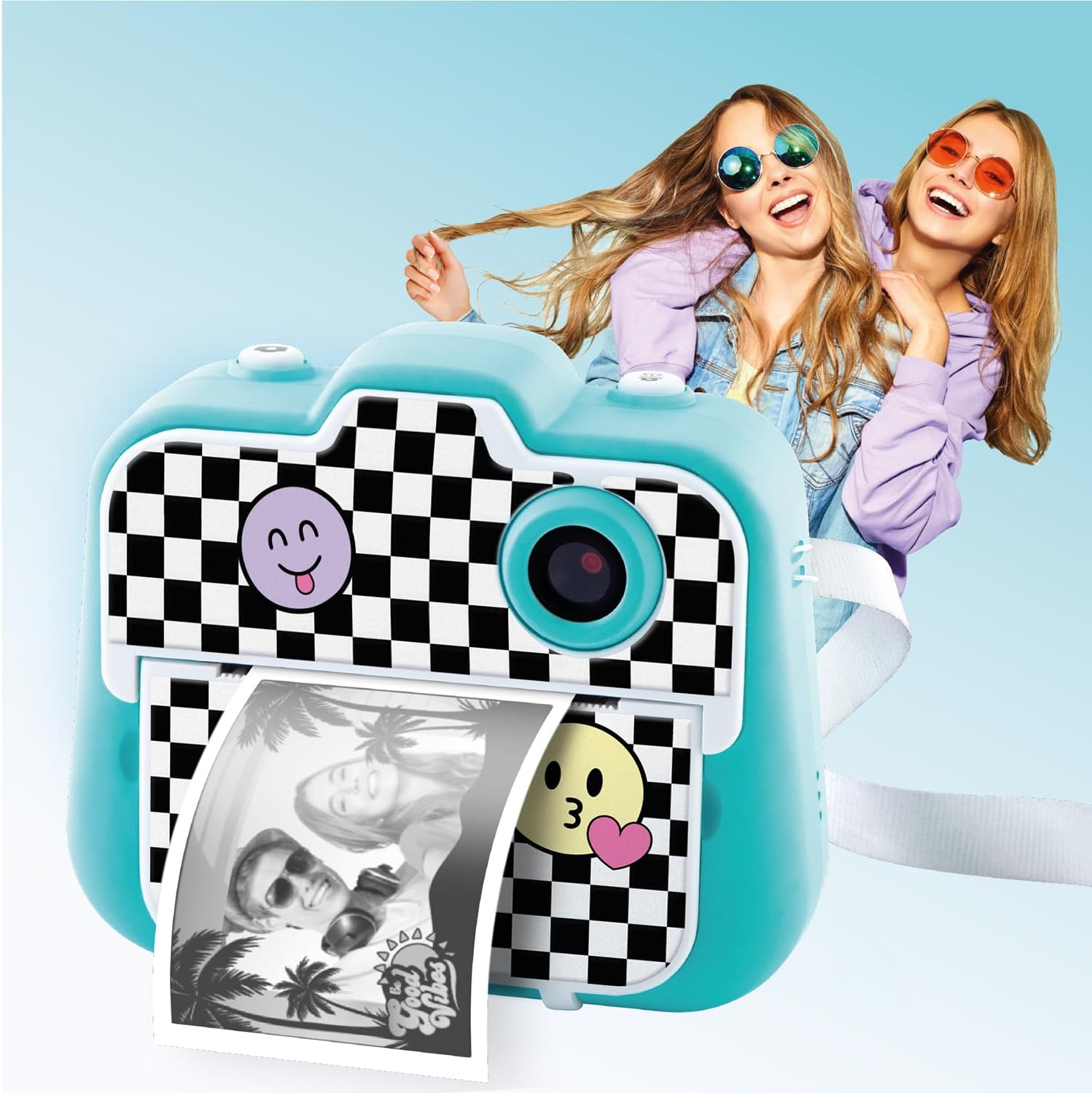 Close-up of the Canal Toys Photo Creator CLK 001 camera printing a black and white photo