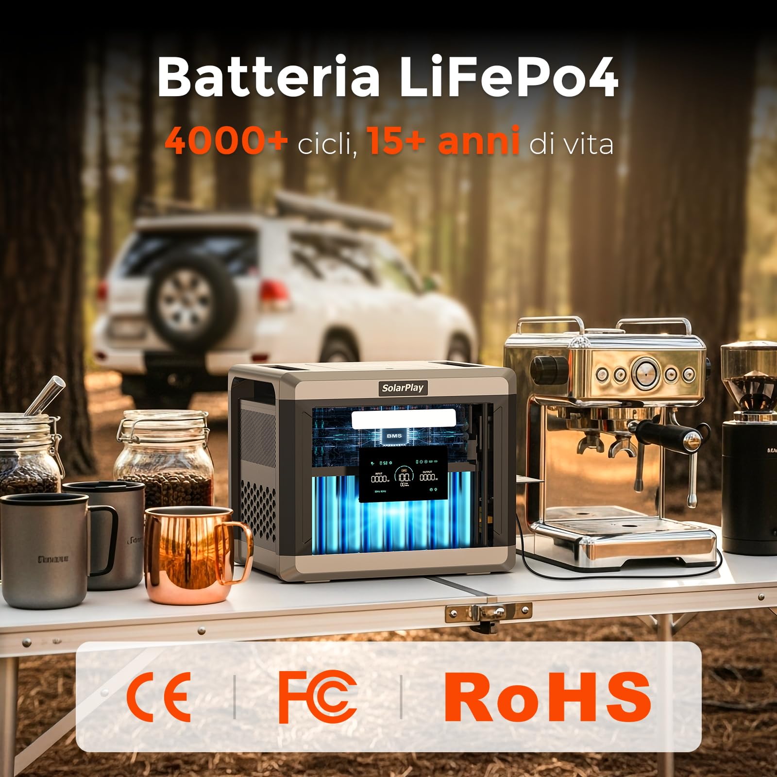 SolarPlay Q2501 Centrale Elettrica Portatile, Uscita CA 2400 W (Picco 4800 W), Batteria di Backup LiFePO4 da 2160 Wh, Presa CA, CC, ad Energia Solare, Adatta per Camper e Viaggi All'aperto