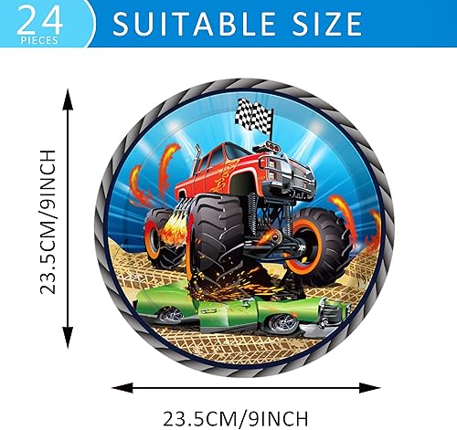 Miniatura 2 de OXYLIPO Paquete de 24 platos de papel de postre Monster Truck de 9 pulgadas, platos redondos desechables para automóvil, platos de fiesta, baby