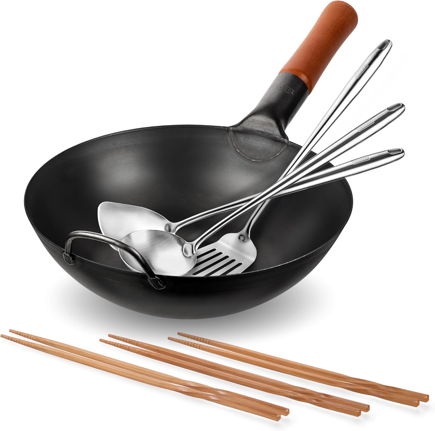 YOSUKATA Carbon Steel Wok Pan11.8 in + 17" Wok Spatula and Ladle and Turner + Reusable Natural Wooden Long Cooking Chopsticks Set of 3 pairs