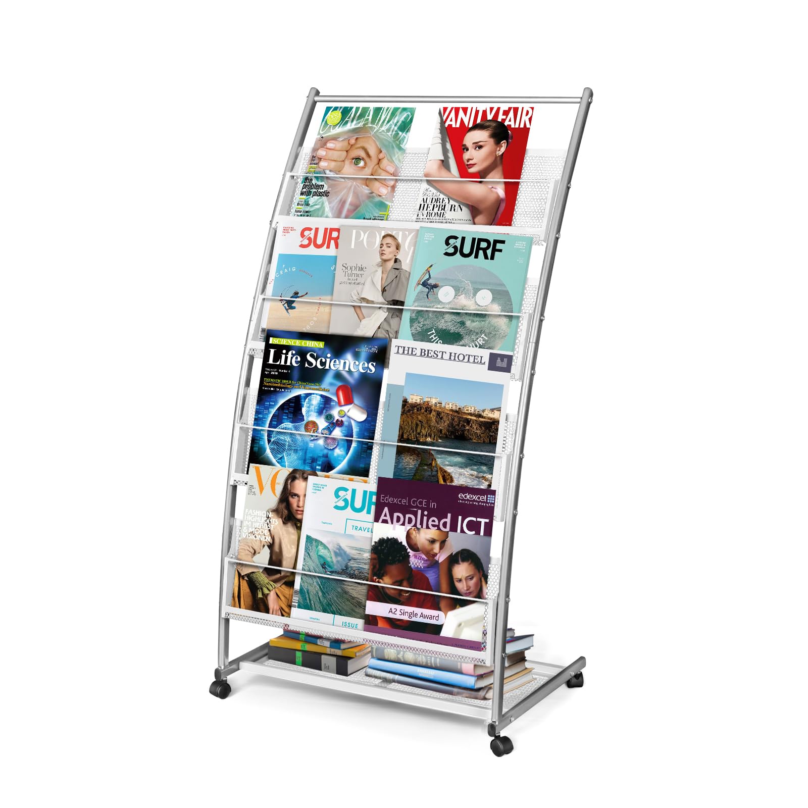 SUNDOY Espositore con opuscoli e giornali su piedistallo, supporto inclinato per libri, riviste e cataloghi con 4 ripiani (argento, 4 strati, 59 cm di larghezza)