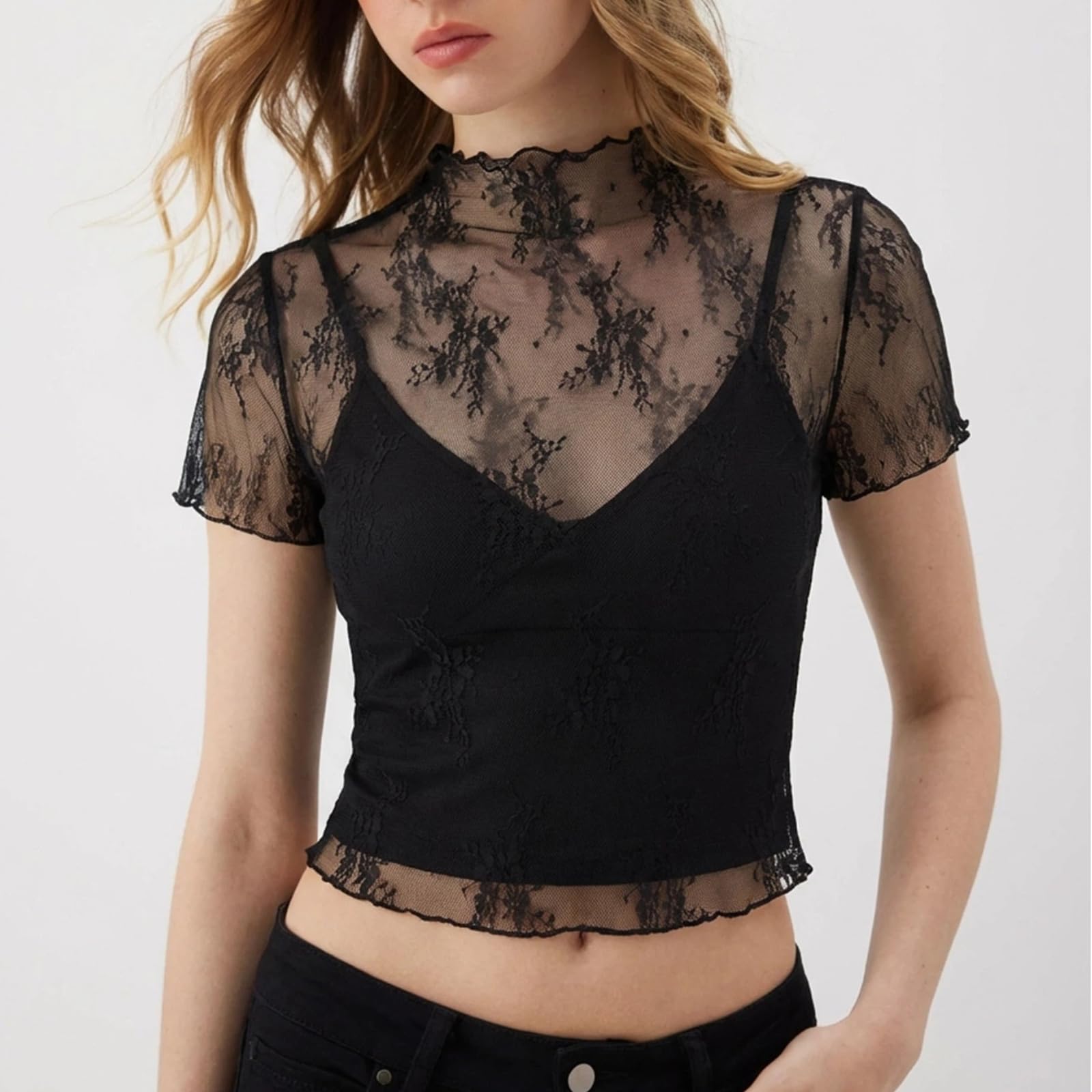Top Corto Encaje Transparente Mujer Cuello Alto Manga Corta