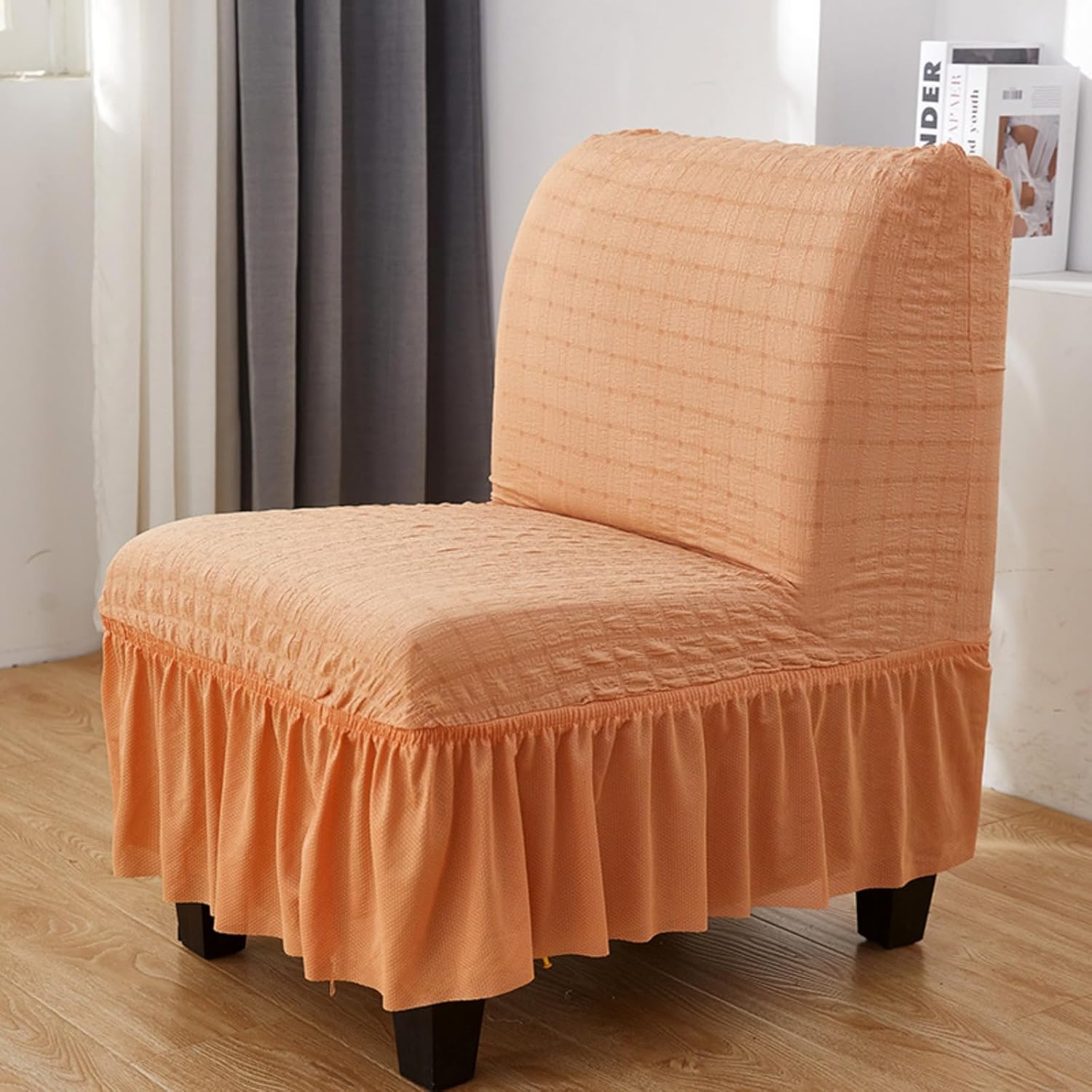 Armless Accent Chair Cover, seesucker Fat Slipper Chair Slipcover with Skirt for Cafe Living Room Hotel (Black,M)