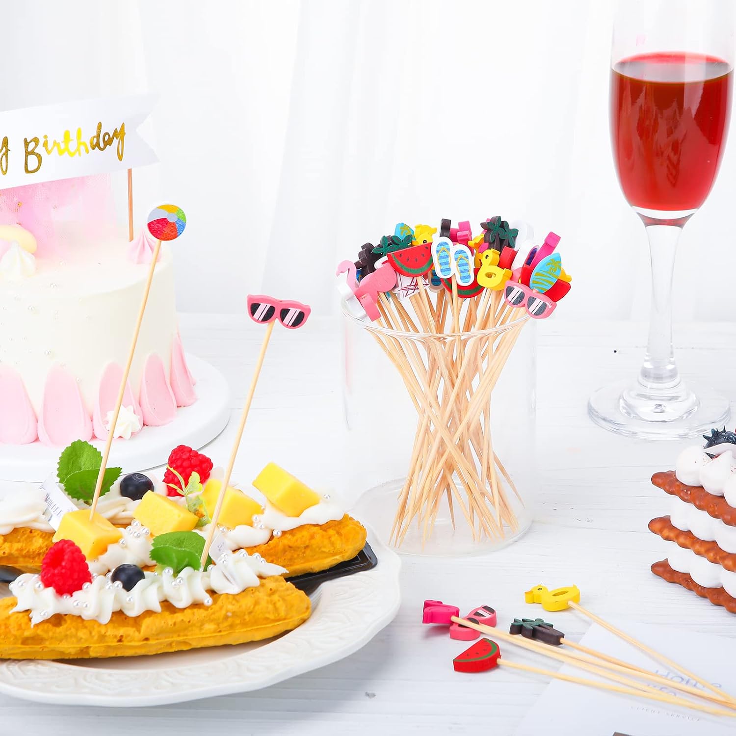 Irenare 600 Pcs Summer Pool Beach Cocktail Picks Assorted Picks Tropical Cocktail Bamboo Flamingo Backdrop Ball Slipper Handmade Toothpicks for Appetizers Food Drinks Luau Hawaii Beach Party