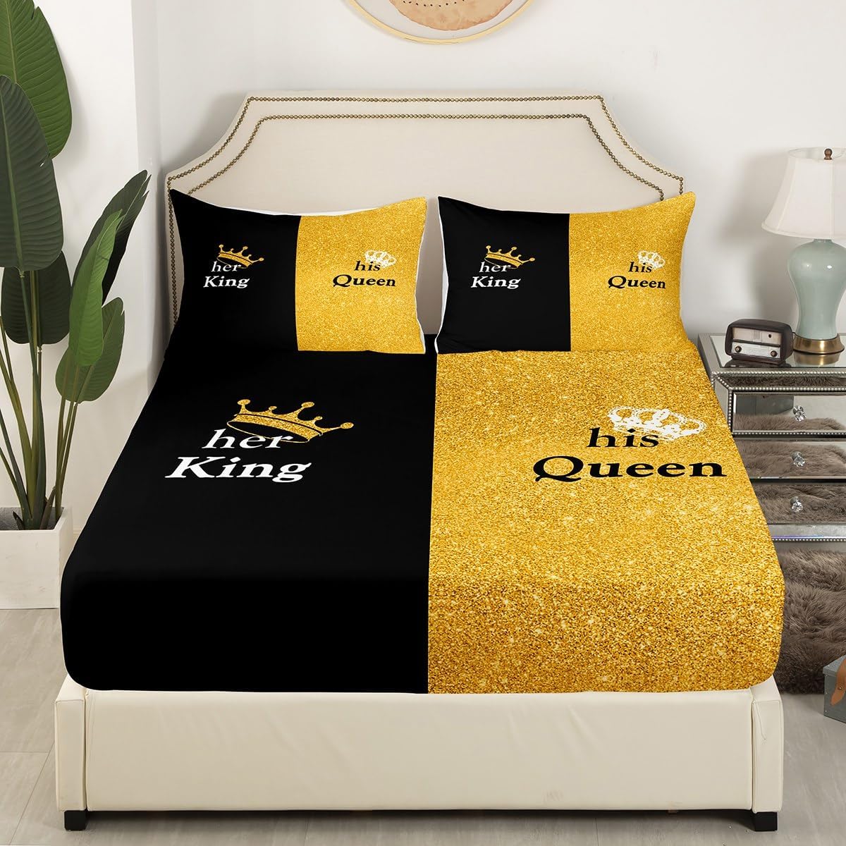 Feelyou Mr Mrs Fitted Sheet Queen Size, Golden Glitter Print Crown Bedding Set His and Her Bed Sheet Set for Woman Queen and King Bed Cover 3Pcs (No TOP Sheet)