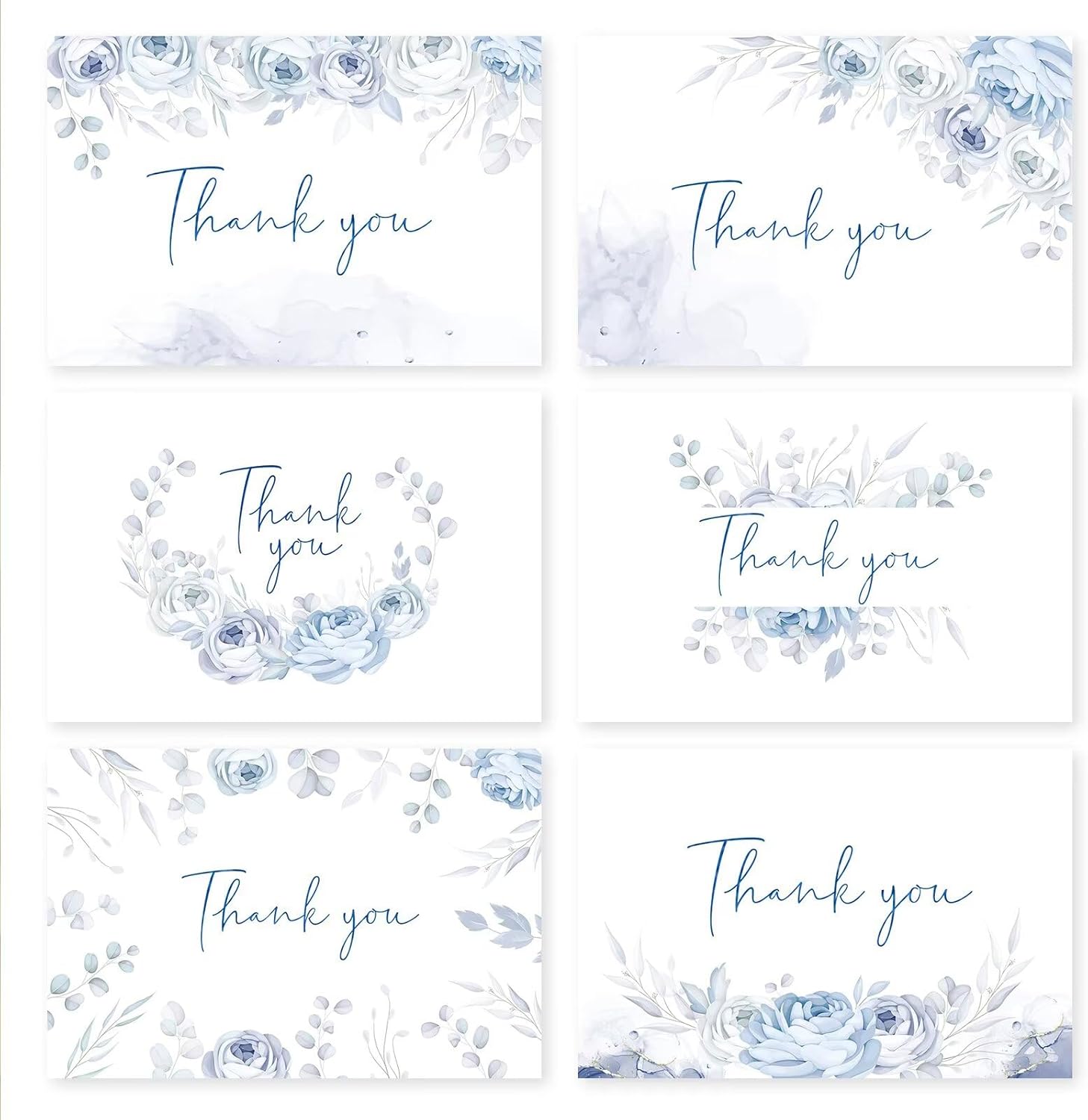 48 Pack Pre-Folded Floral Thank You Cards with Envelopes & Stickers, 6 Elegant Designs for Wedding, Baby Shower, Bridal Shower, Teacher Gifts (Blue Floral)