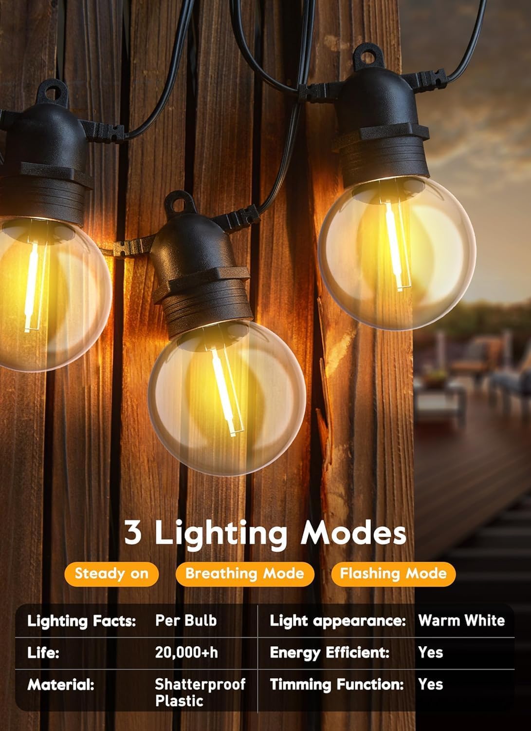 Brightown 34FT Outdoor Solar String Lights - LED G40 Pro Patio Energy Saving with 11 Shatterproof Bulbs, 3 Light Modes Waterproof Hanging Lights for Outside Garden Backyard Decor - Last for 20Hrs+