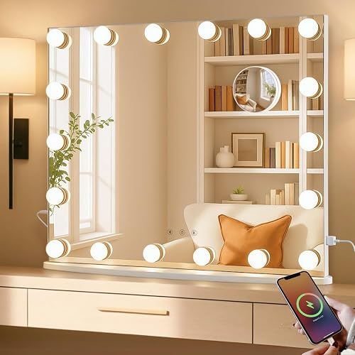 LUXFURNI 26" x 21" Hollywood Vanity Mirror with Lights, 18 LED Bulbs Light Up Vanity Mirror, 3-Color Lighted Makeup Mirror, Tabletop & Wall-Mount, 10X Magnification Mirror