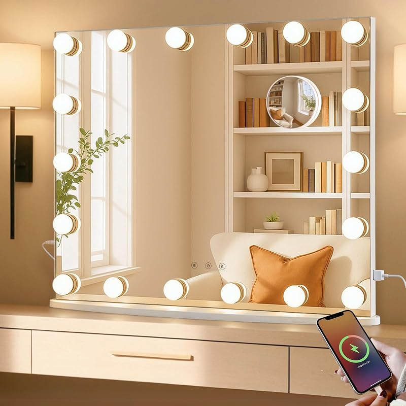 Espelho retangular para maquiagem LUXFURNI com luzes LED branco marfim