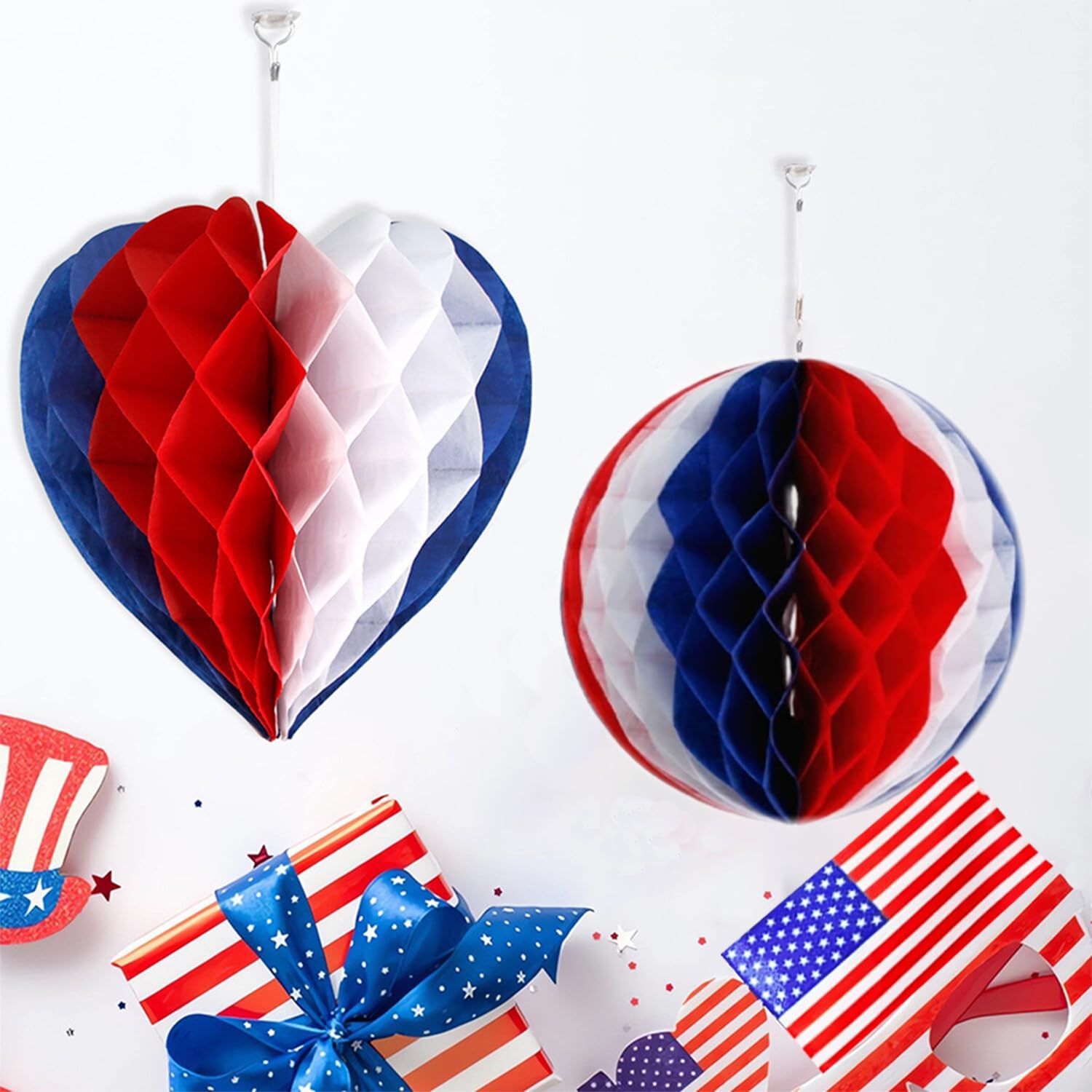 4th of July Decor - Independence Day Honeycomb Pendant Decor Red Blue and White Paper Fans Poms for Fourth of July Patriotic Decorations Wedding Graduation Independence Day 6 Count