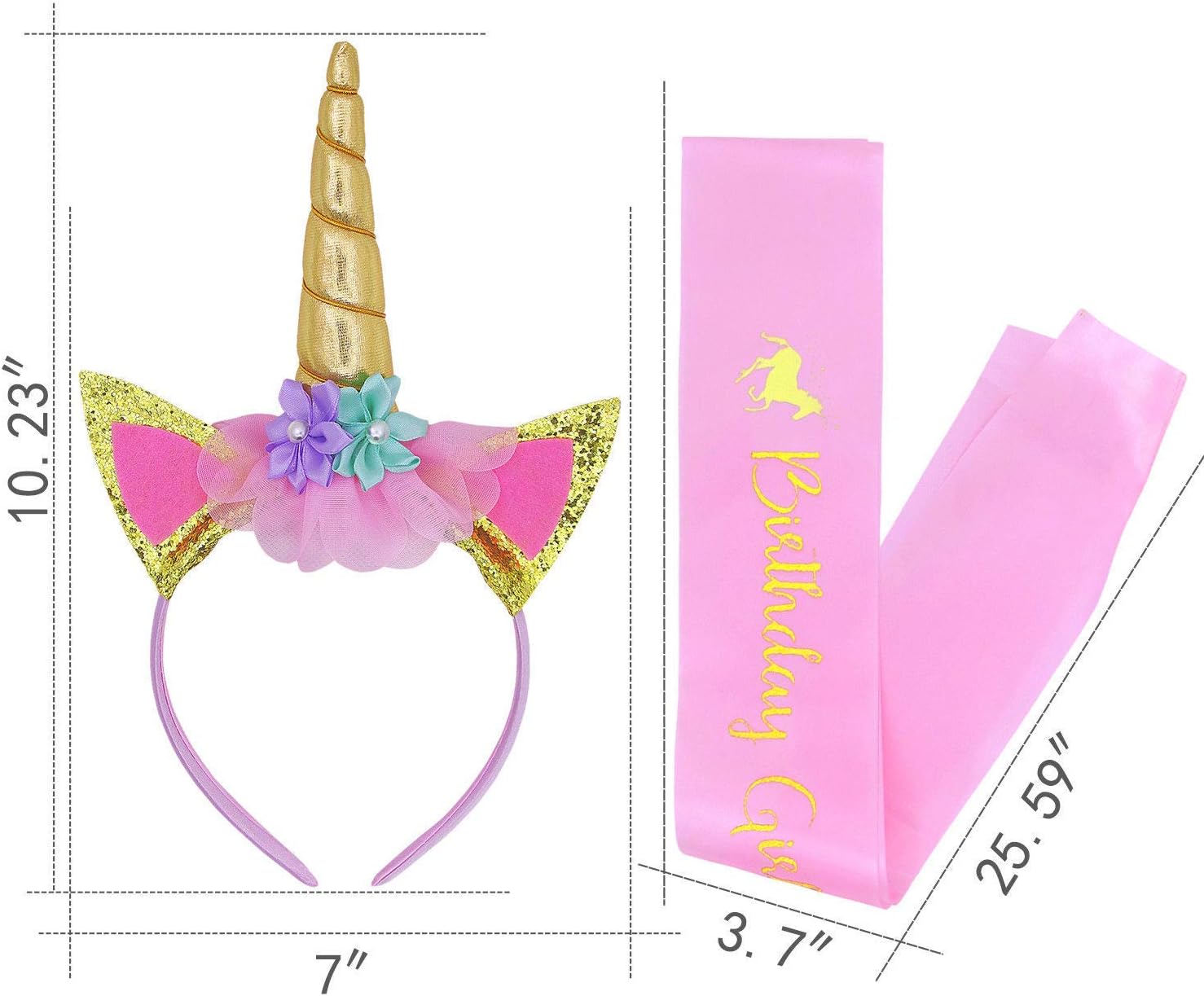 Deolven Unicorn Headband and Birthday Girl Sash for Kids Birthday Party Supplies Unicorn Gifts for Children Unicorn Horn Unicorn Glitter Hairband Gold Pink - Image 3