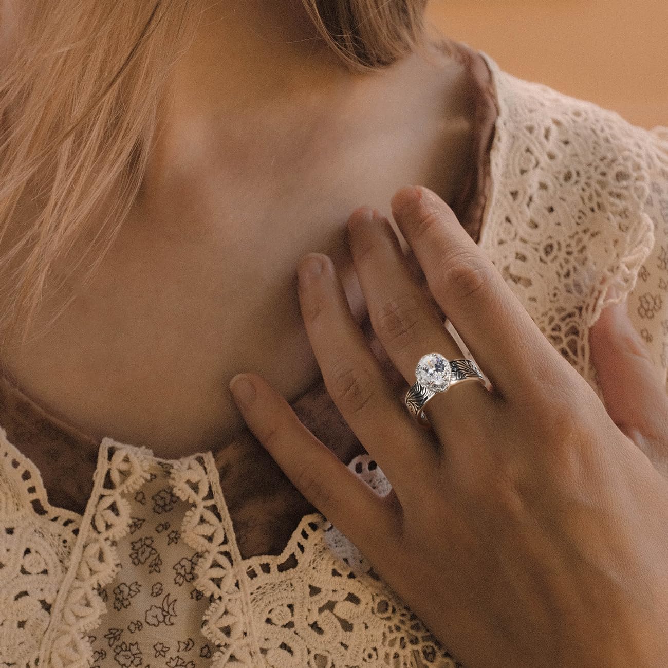 Shiny Cubic Zirconia Statement Ring Antique Flower Vine Design Vintage Rings for Women Cocktail Birthday Wedding Valentine Gift