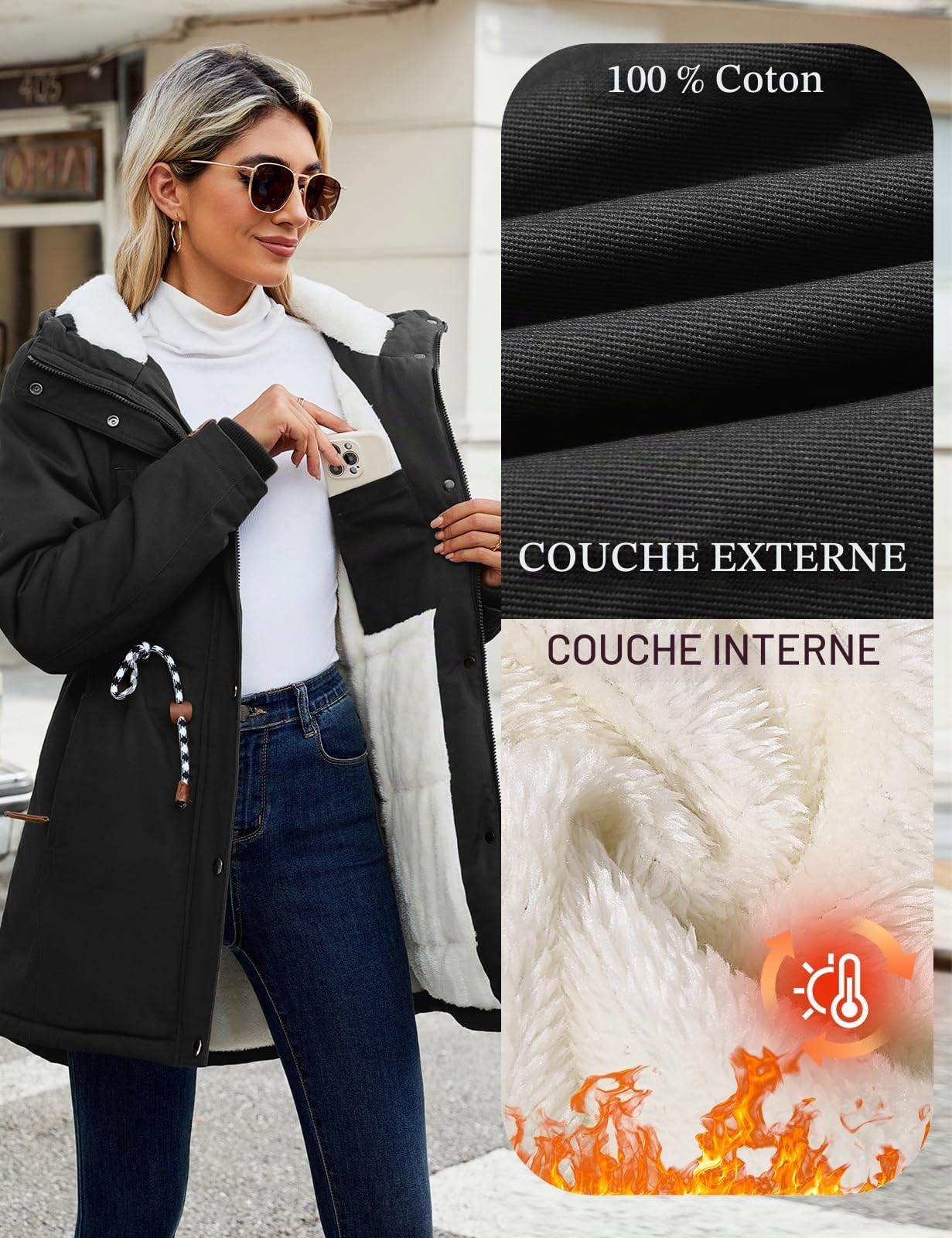 Xnova Parka Manteau Femme Polaire Chaude Mi Longue | Manteaux en Coton Coupe Vent Veste Polaire à Capuche Manche Longue Casual Blouson avec Zippé Coat Anti-Froid Automne Hiver