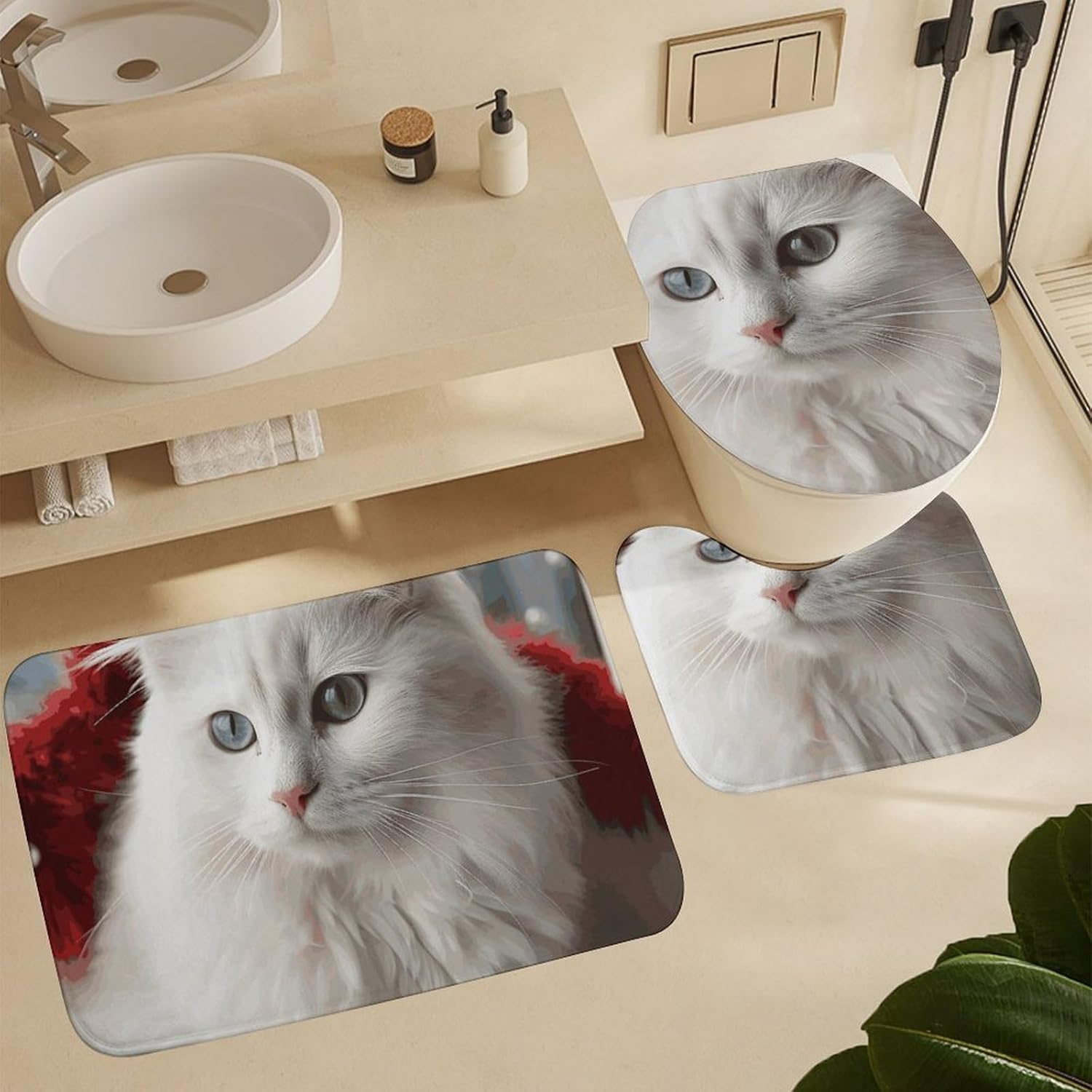 Cute White Cat Shower Curtains Set 4 Piece with Non-Slip Rugs, Toilet Lid Cover and Bath Mat Soft Bathroom Carpet Waterproof Bathroom Curtain with 12 Hooks for Bathroom Decor