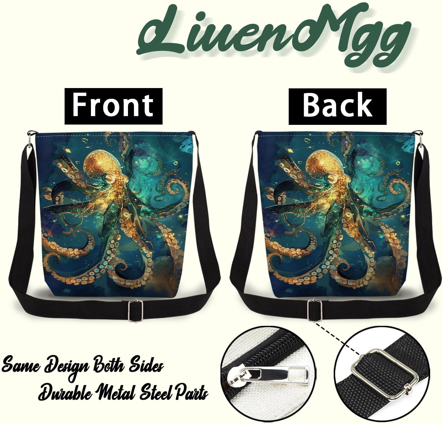 Octopus Print Canvas Crossbody Bag, Adjustable Strap Lightweight Purse with Top Zipper & Inner Pocket, Daily Shoulder Bag Gift for Women - Image 5