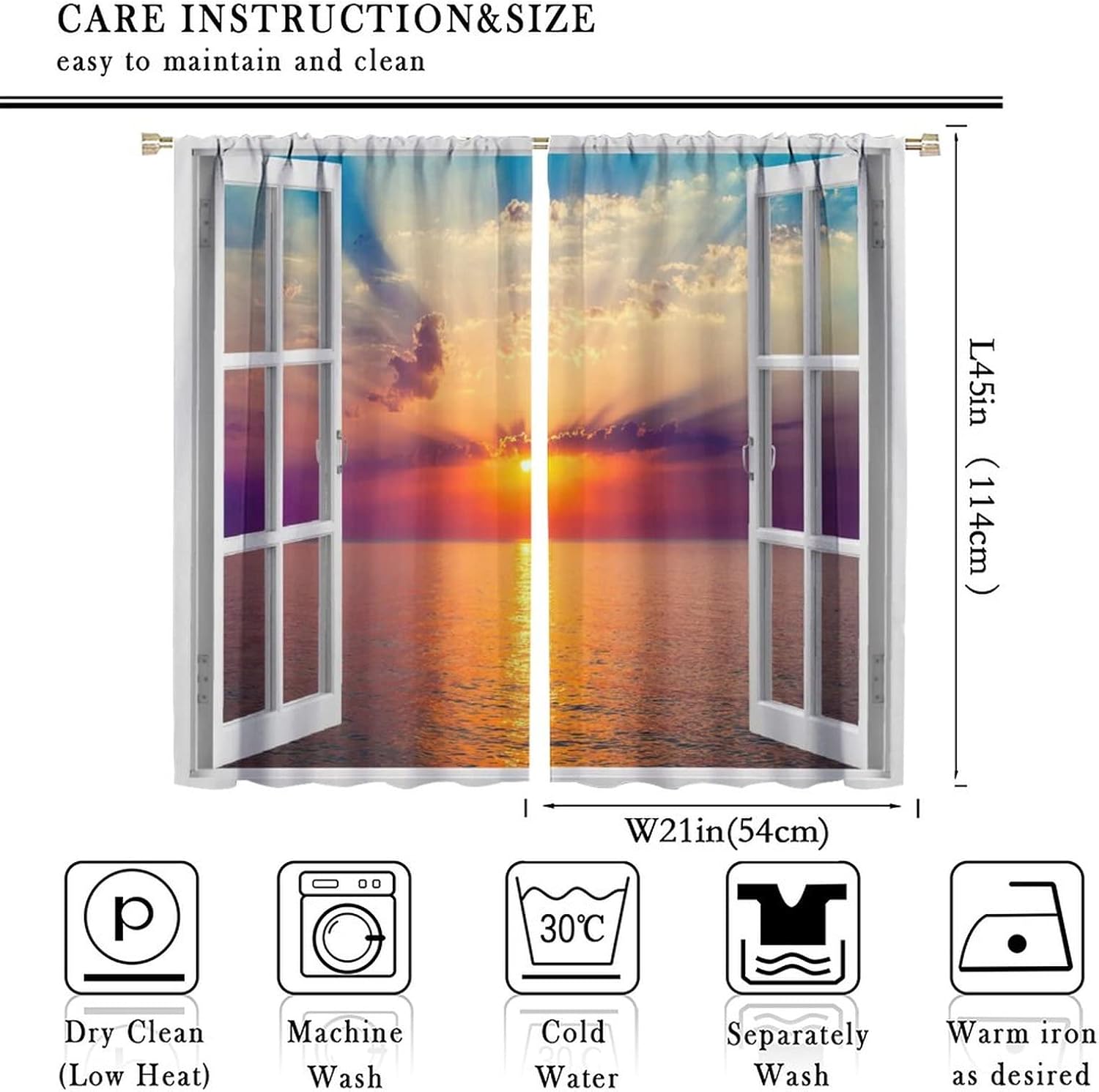 Sea Sunrise Curtains White Wooden Window Scenery Decor Blackout Curtainsfor Home Kitchen Office Coffee Room Curtains Window Curtain 2 Panels 42x45 Inch