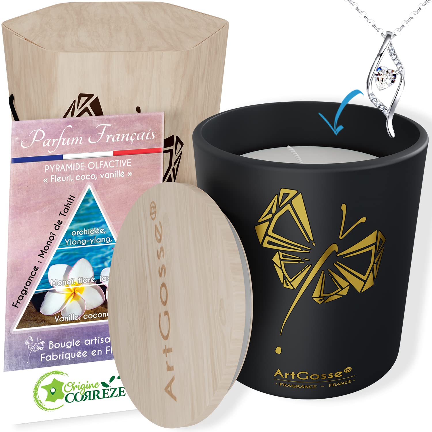 ArtGossePrestige Box • Candle with Pendant Decorated with Swarovski® Crystals • Made in France • French Monoï de Tahiti (DNA Pendant)
