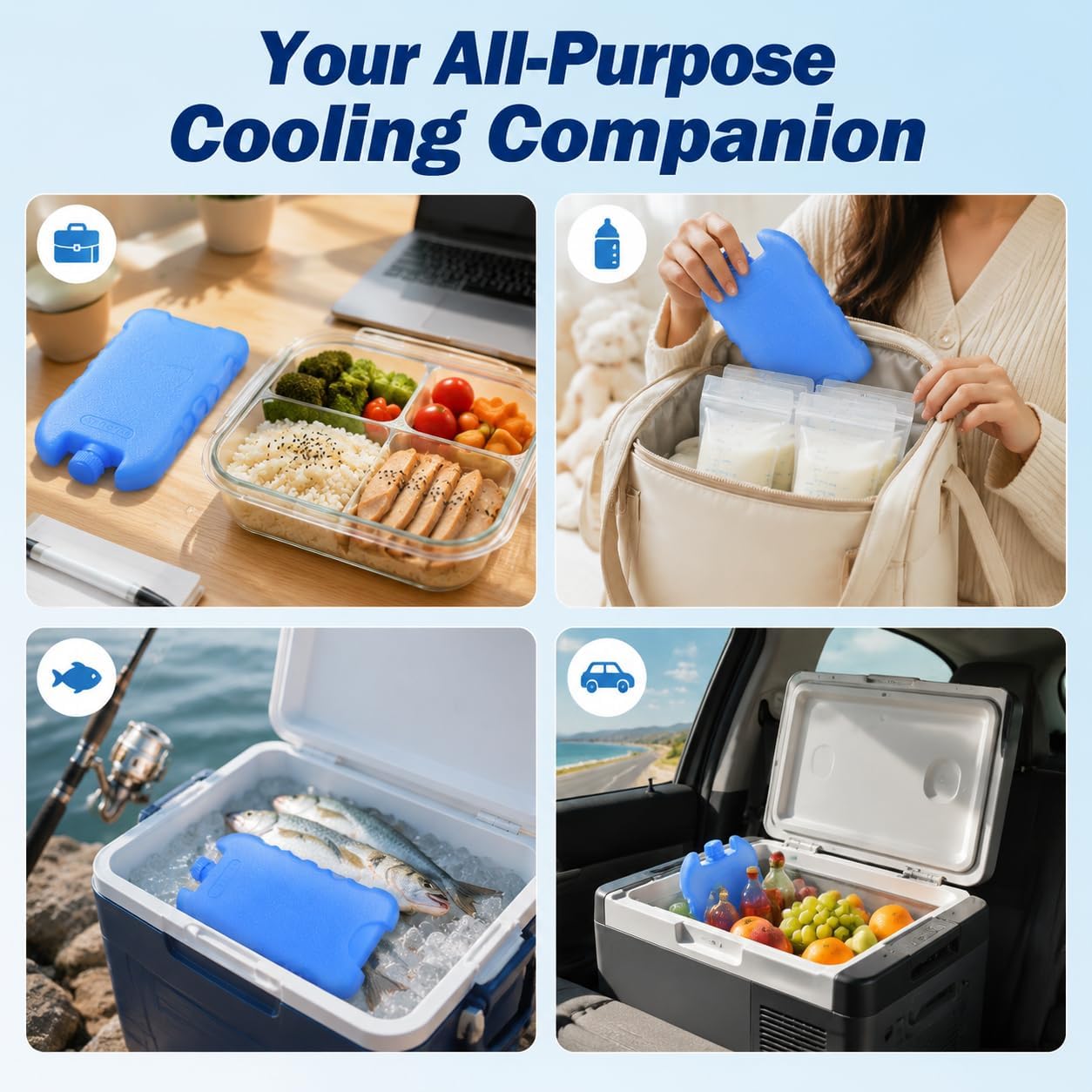 Toddmomy 4 Pack Reusable Ice Packs for Coolers, Slim Refillable Freezer Blocks for Lunch Box Portable AC Camping Beach Picnic, 5.4”x3.4“x0.9“ Blue