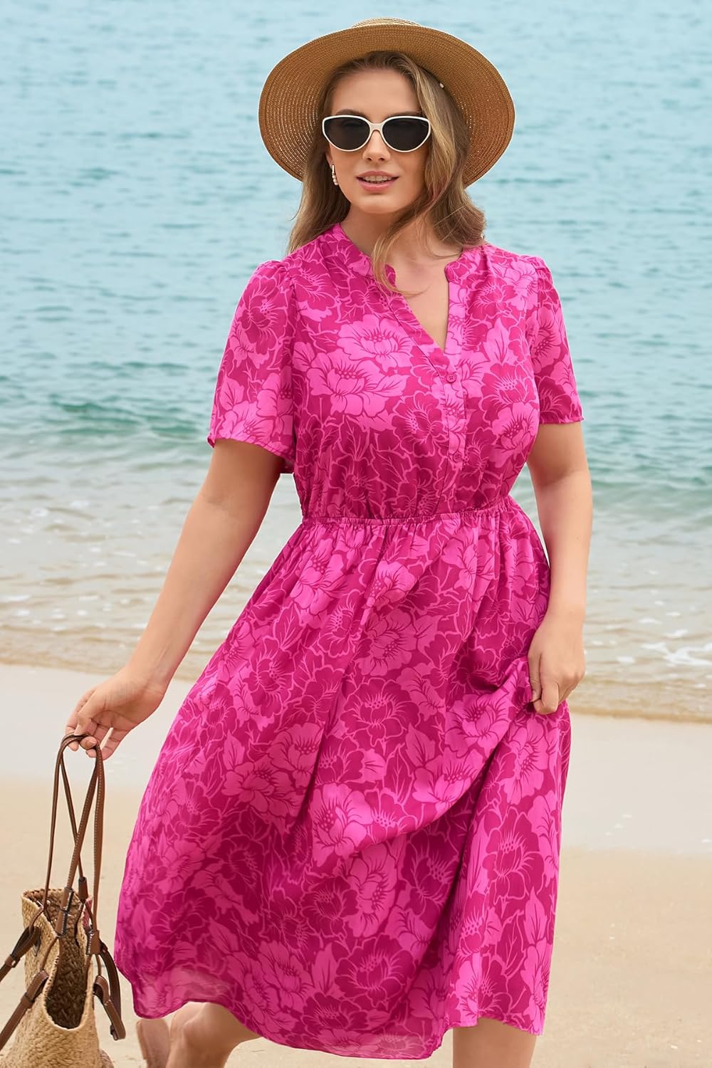 RITERA Plus Size Dresses for Curvy Women Floral V Neck Short Sleeve Party Midi Dress with Pockets XL-5XL - Image 4