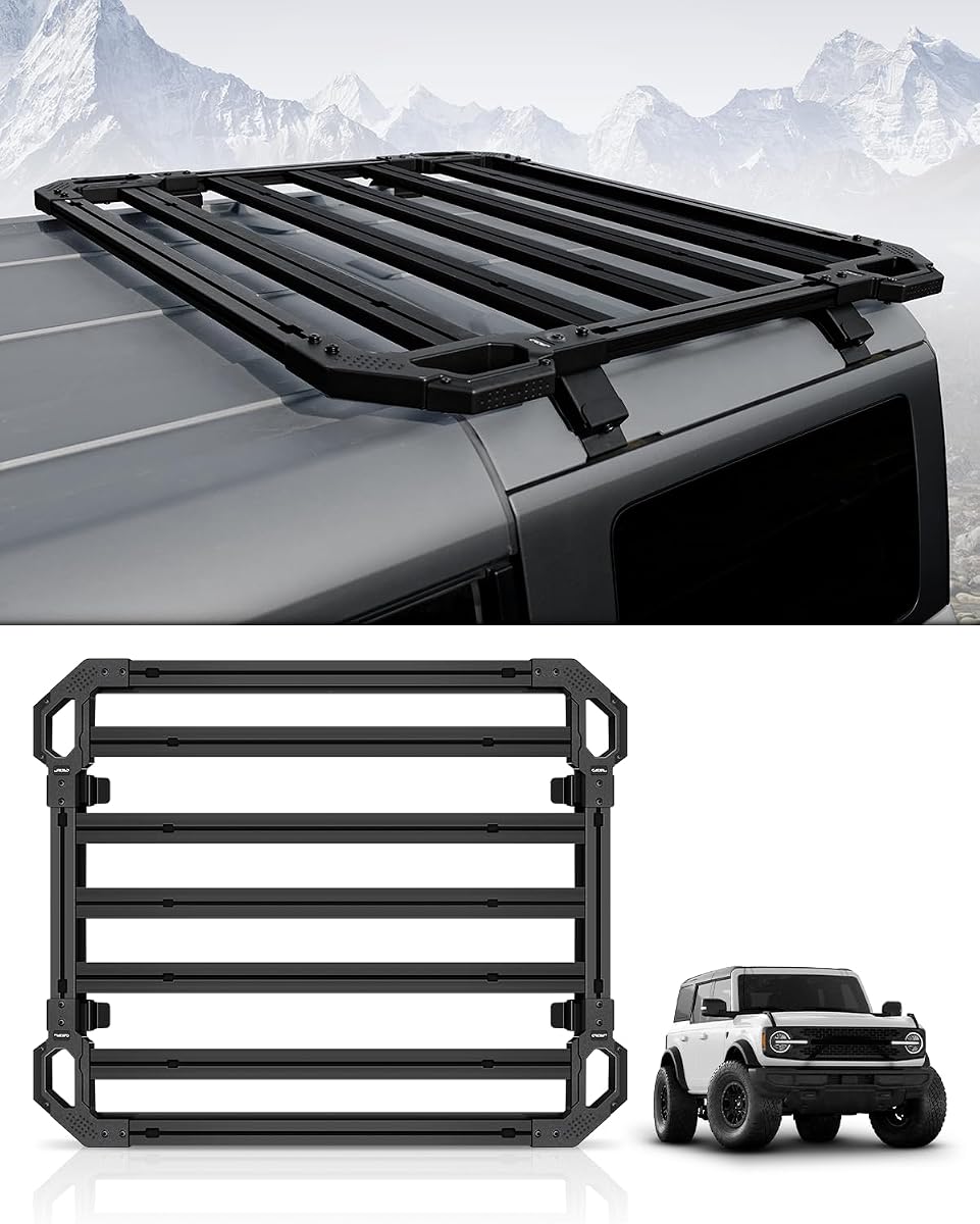 Bronco Roof Rack Rear Cargo Basket Crossbar for Ford Bronco 2021 2022 2023 2024 Hardtop 4 Door, Half Short Roof Platform Heavy Duty Steel Luggage Rack Rooftop Storage Carrier (Exclude Sport)