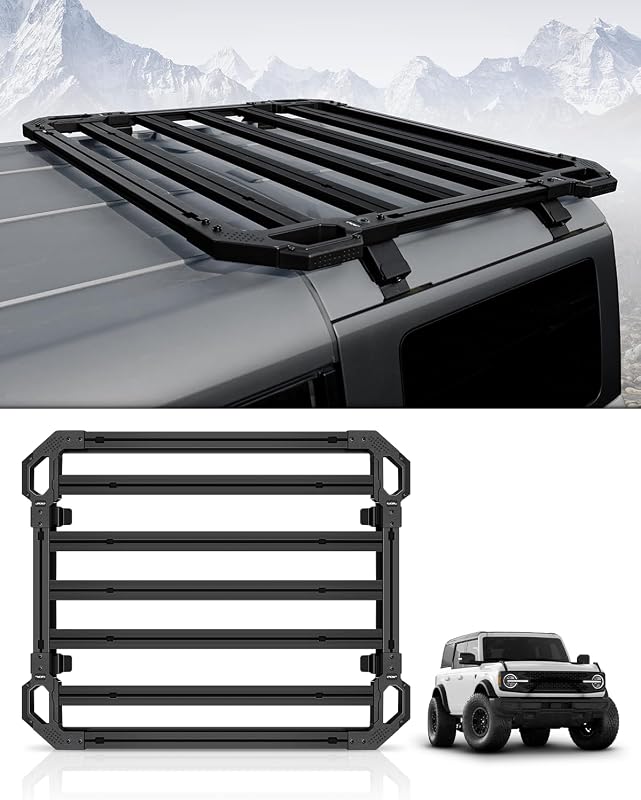 Bronco Roof Rack Rear Cargo Basket Crossbar for Ford Bronco 2021 2022 2023 2024 Hardtop 4 Door, Half Short Roof Platform Heavy Duty Steel Luggage Rack Rooftop Storage Carrier (Exclude Sport)