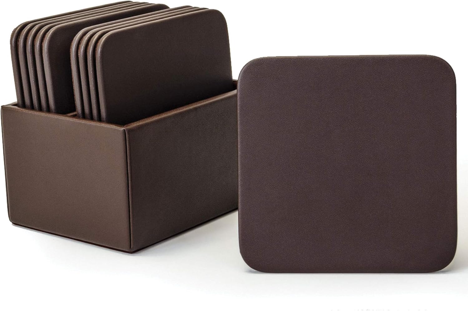 Dacasso A3443 Leather 10 Square Coaster Set with Holder Brown Leather 10 Square Coaster Set, Chocolate Brown