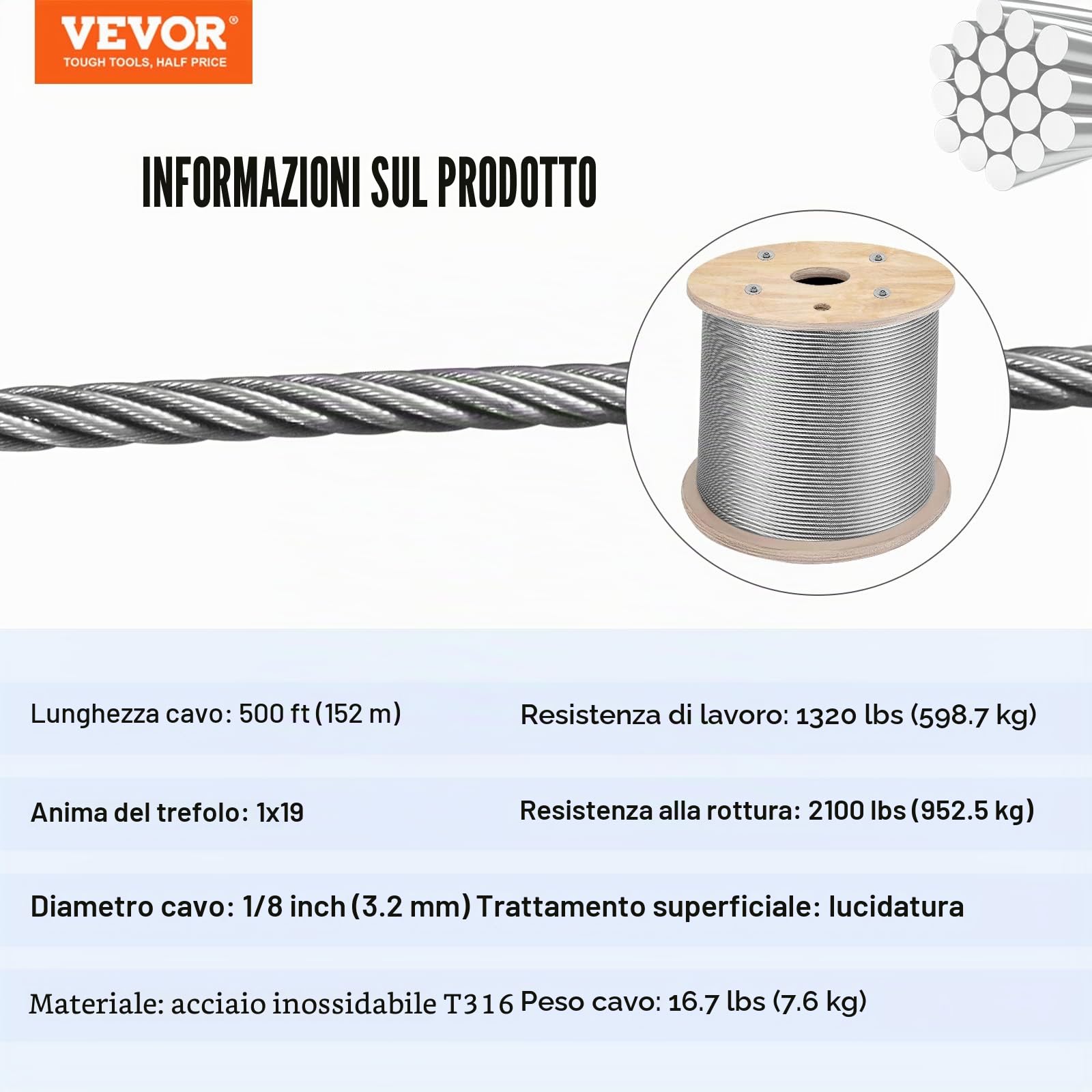 VEVOR Cavo in Acciaio Inossidabile T316 da 150M, Fune Metallica per Cavo Forza di 1T, Corda a Filo da 1x19 Costruzione per Sartiame, Sollevamento, Spinta, Trazione e Trasporto in Energia e Industria