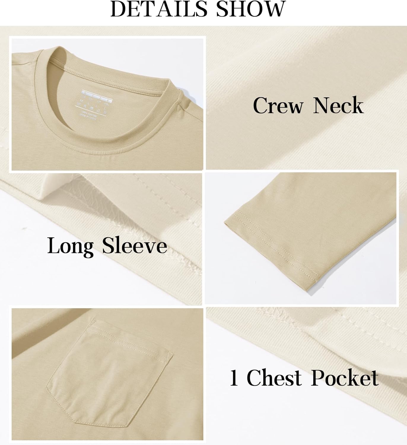 EKLENTSON Men's Cotton T-Shirts Long Sleeve Pocket Tee Crewneck Moisture Wicking Casual Tshirts Solid Color - Image 6