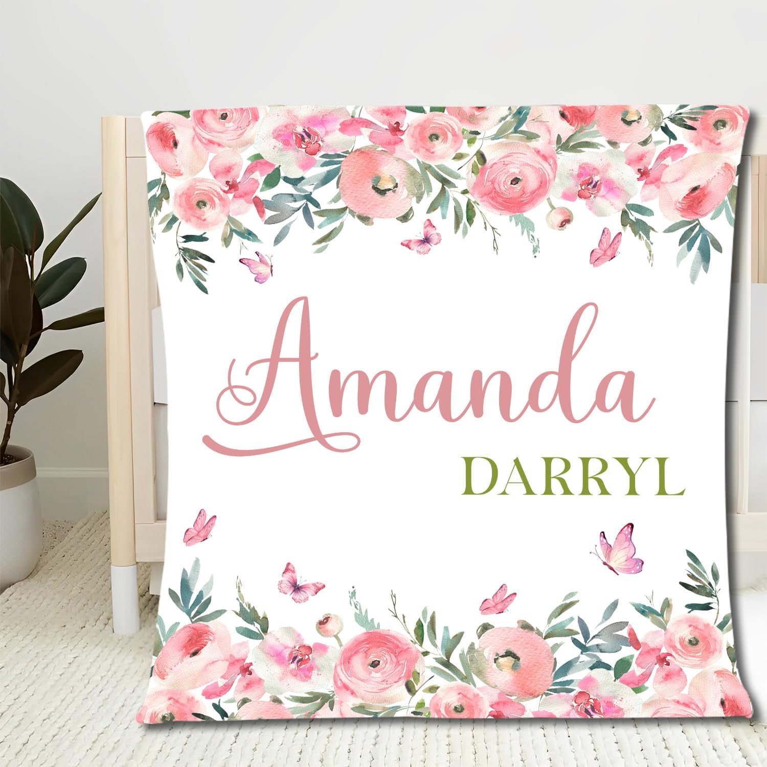 Personalized Baby Blanket for Girls, Custom Floral Baby Blanket, 30x40 inches, Fleece, Single Layered, Perfect for Sleeping, Swaddling, Stroller Cover, Pink