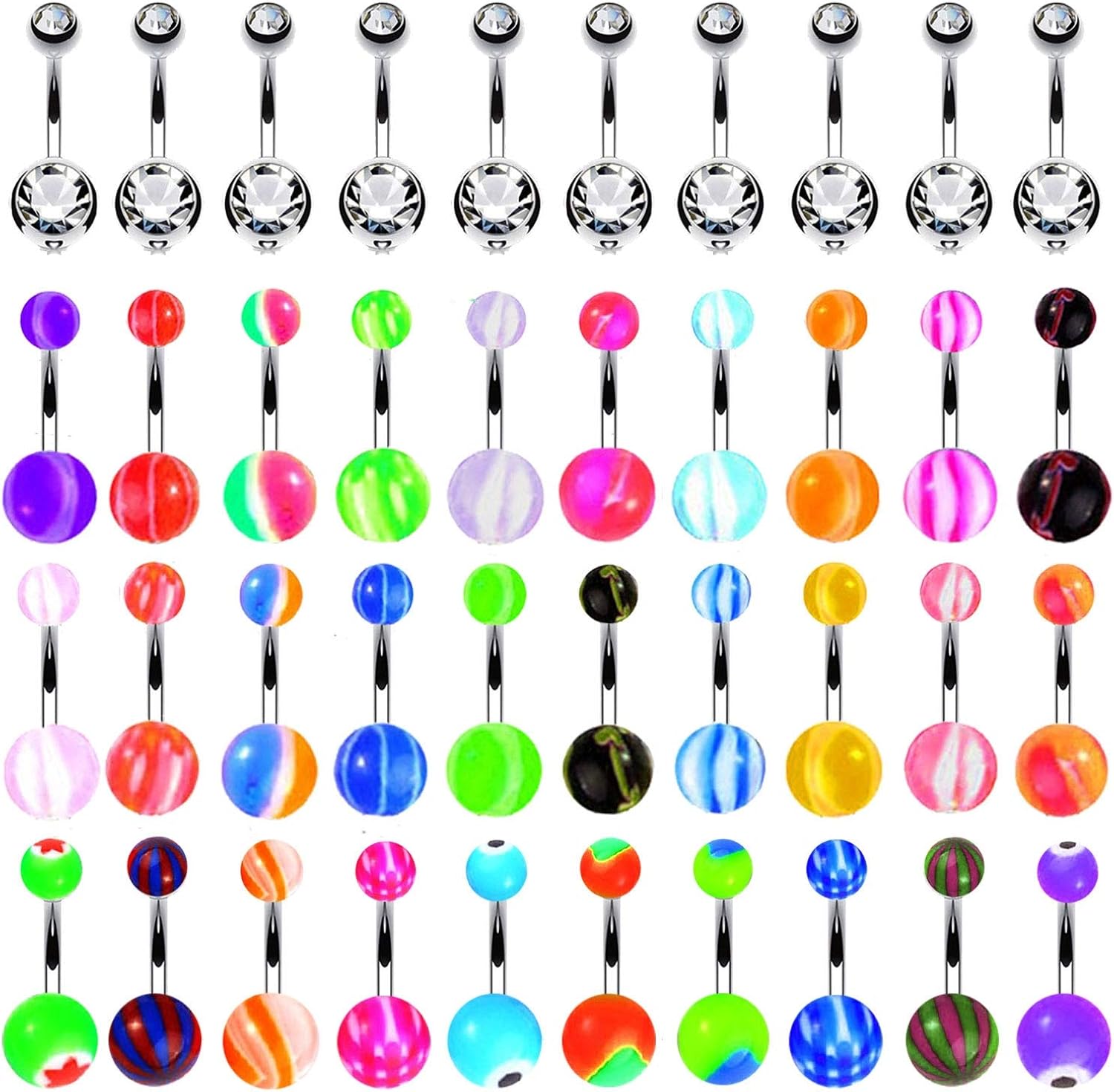 BodyJ4You 60PC Belly Button Ring Set 14G Mix CZ Steel Acrylic Bioflex Banana Bar Body Piercing Jewelry