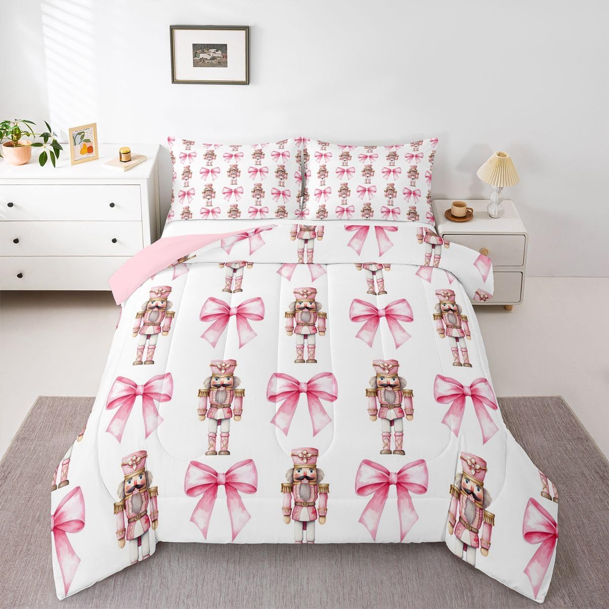 Cute Bowknot Kids Comforter Set Queen Size,Merry Christmas Nutcracker Bedding Set,Girls Boys Room Decor,Winter Xmas Holiday Fashion Quilt Comforter,Pink White Duvet Set Bedroom Quilt Set,2 Pillowcases