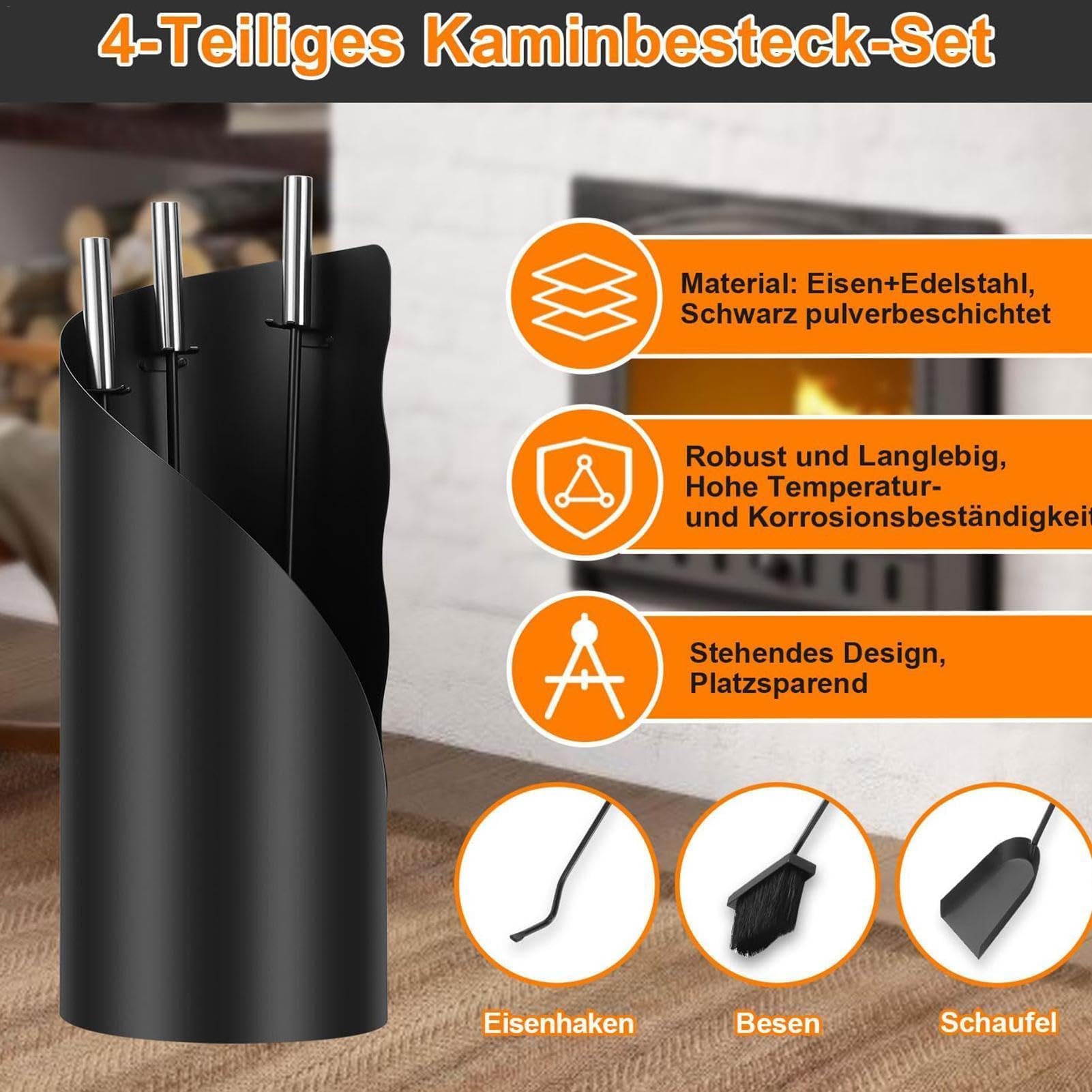 Herramientas para chimenea, juego de 4 herramientas modernas y portátiles de hierro para chimenea, accesorios profesionales para chimenea, juego ergonómico de cocina para interiores