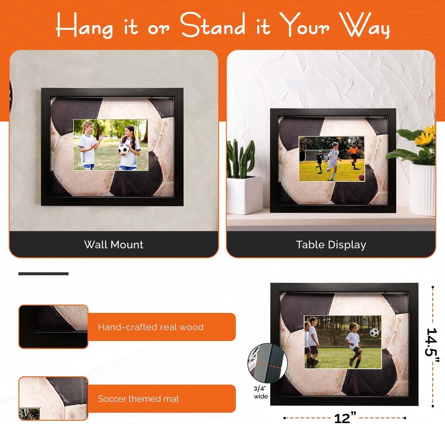 iFrame Commemorative Sports Athletics Picture Frame I Fits 5x7 Photograph I Real Wood Black Finish I Desktop, Table Or Wall Mount I Shatterproof Plexiglass I Made In USA I Soccer