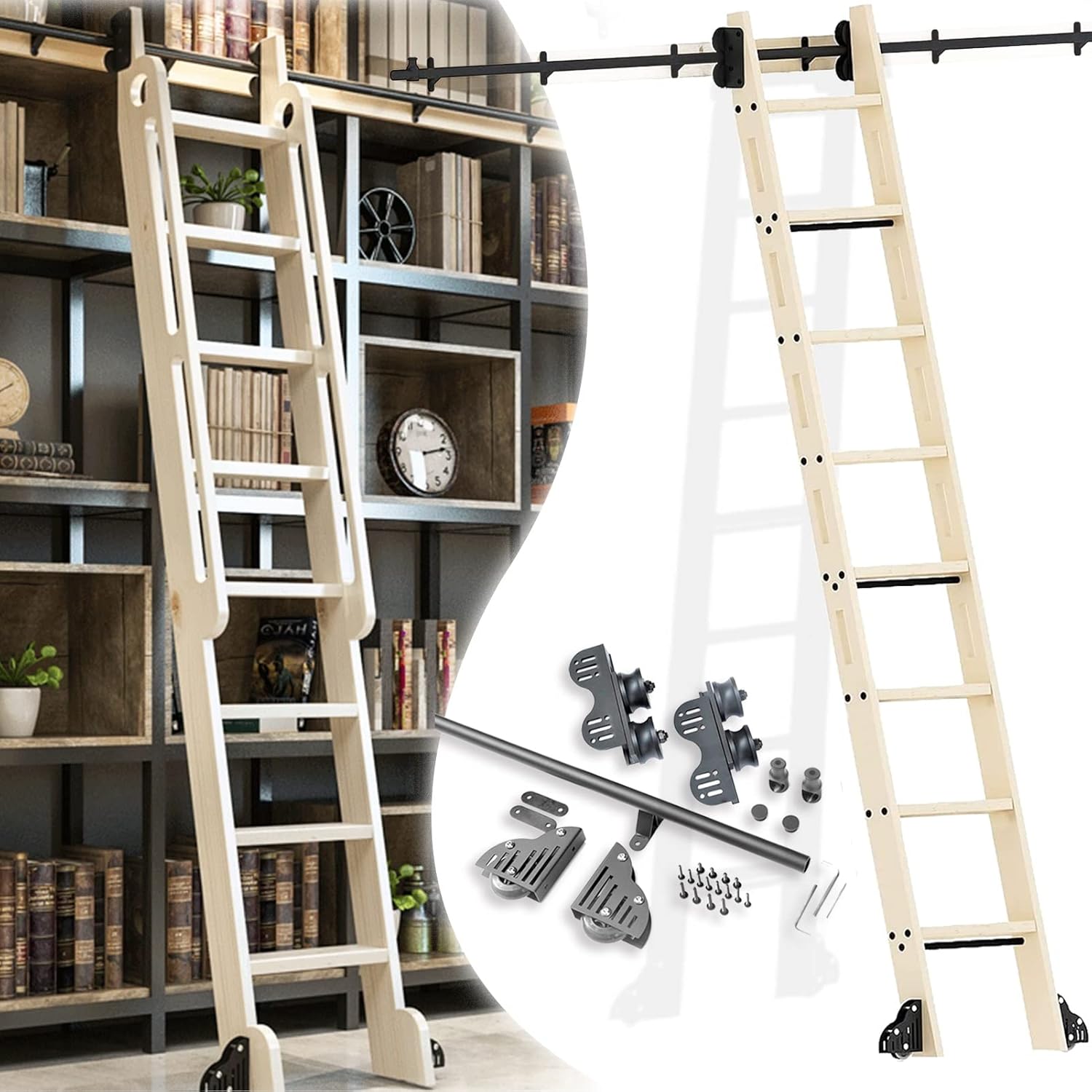 Library Tensible Sliding Roller Ladder Hardware Kit - Track/Rail(No Ladder) 3.3ft-20ft, Black Round Tube Mobile Ladder Track, Rolling Extention Hanging Rail, with Floor Roller Wheels