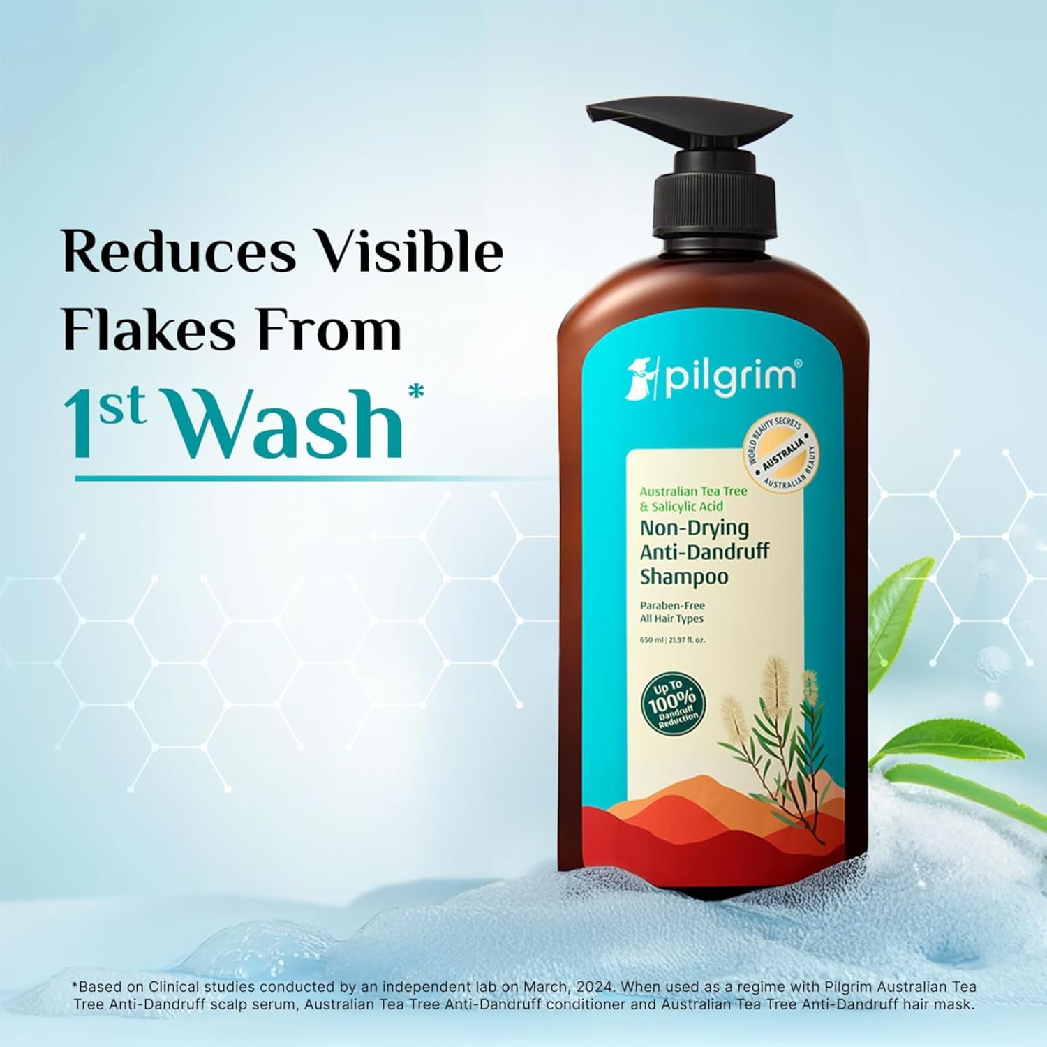 Pilgrim Anti-Dandruff Shampoo with Australian Tea Tree & Salicylic Acid | Non-Drying Scalp Relief | Reduces Visible Flakes | Suitable for All Hair Types | 21.98 Fl Oz (650ml) - Image 2