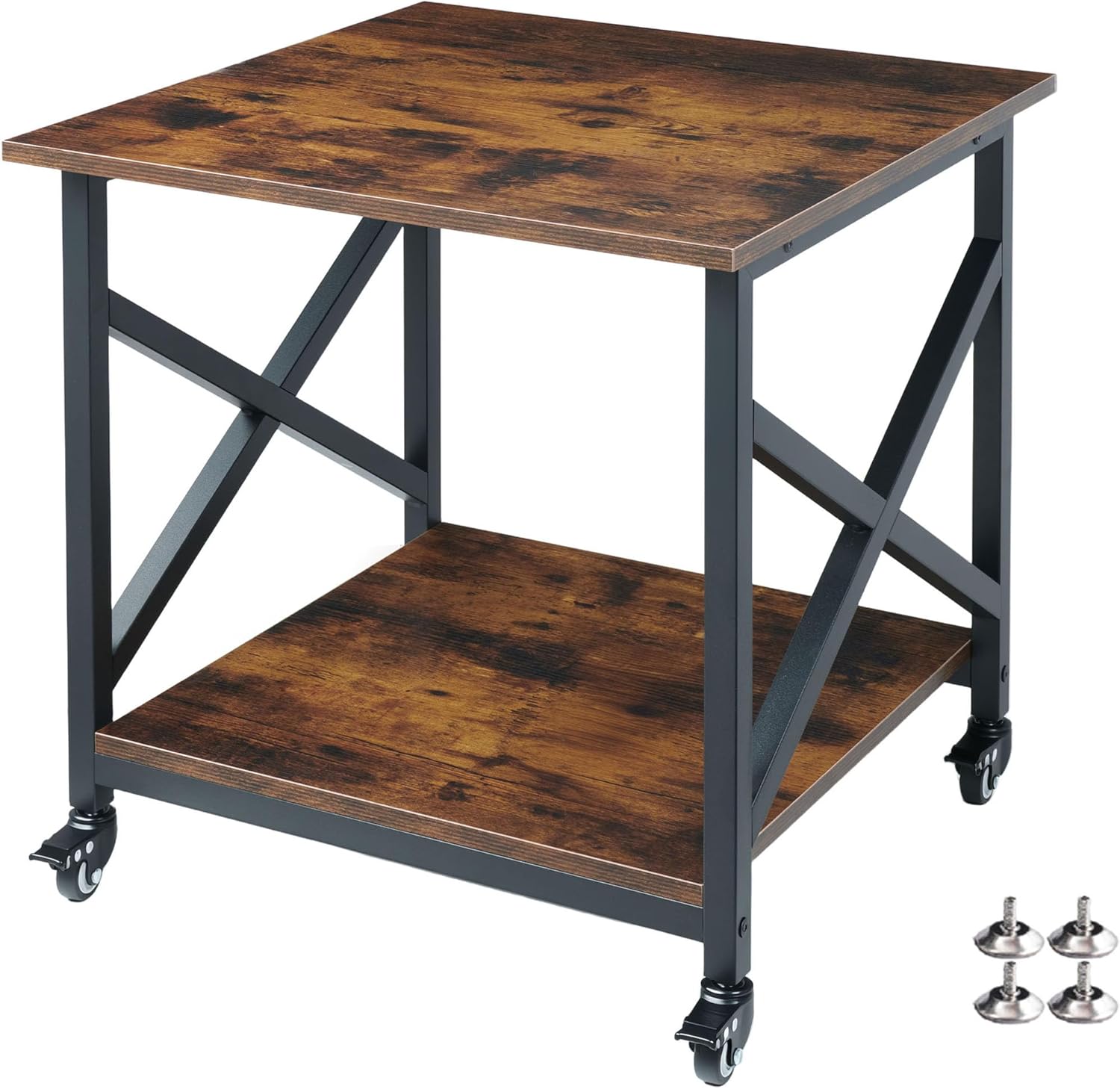 Large Printer Stand, 23.6 x 23.6 x 22.6 Inches Square Printer Table with Storage Shelf, 2 Tier Rolling Printer Cart with Industrial Wheels for Home Office - Rustic Brown
